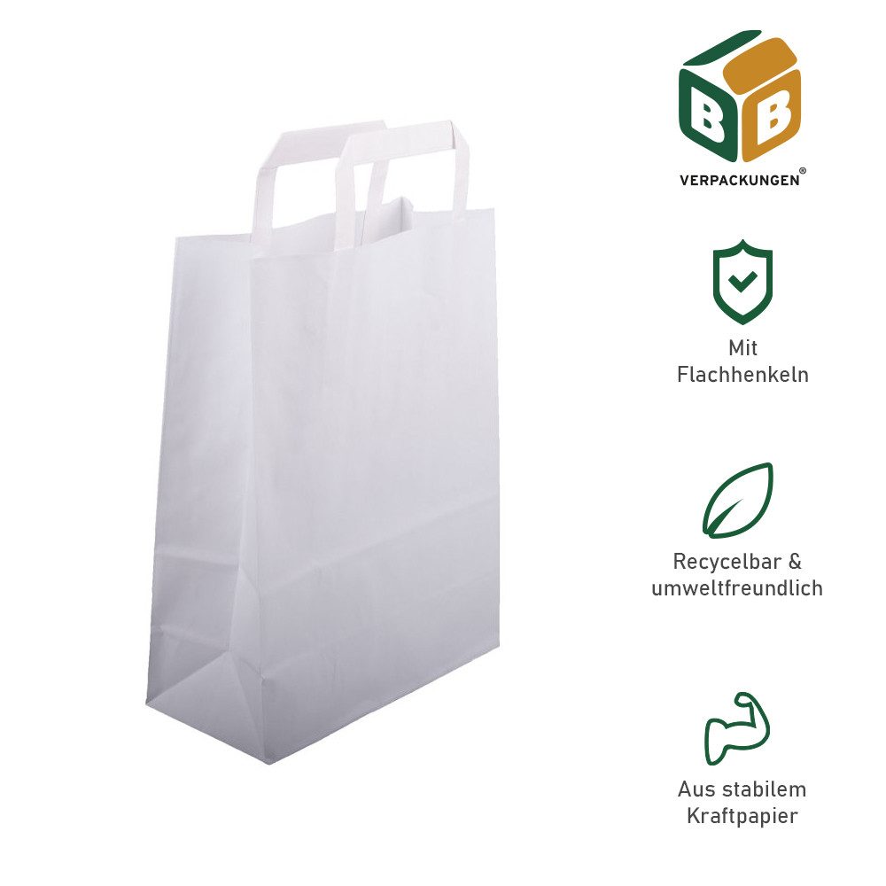 BB-Verpackungen Tragetasche Papiertragetasche mit Griff (1-tlg), Weiß, 180 mm + 80 mm x 220 mm, 70 g/m²