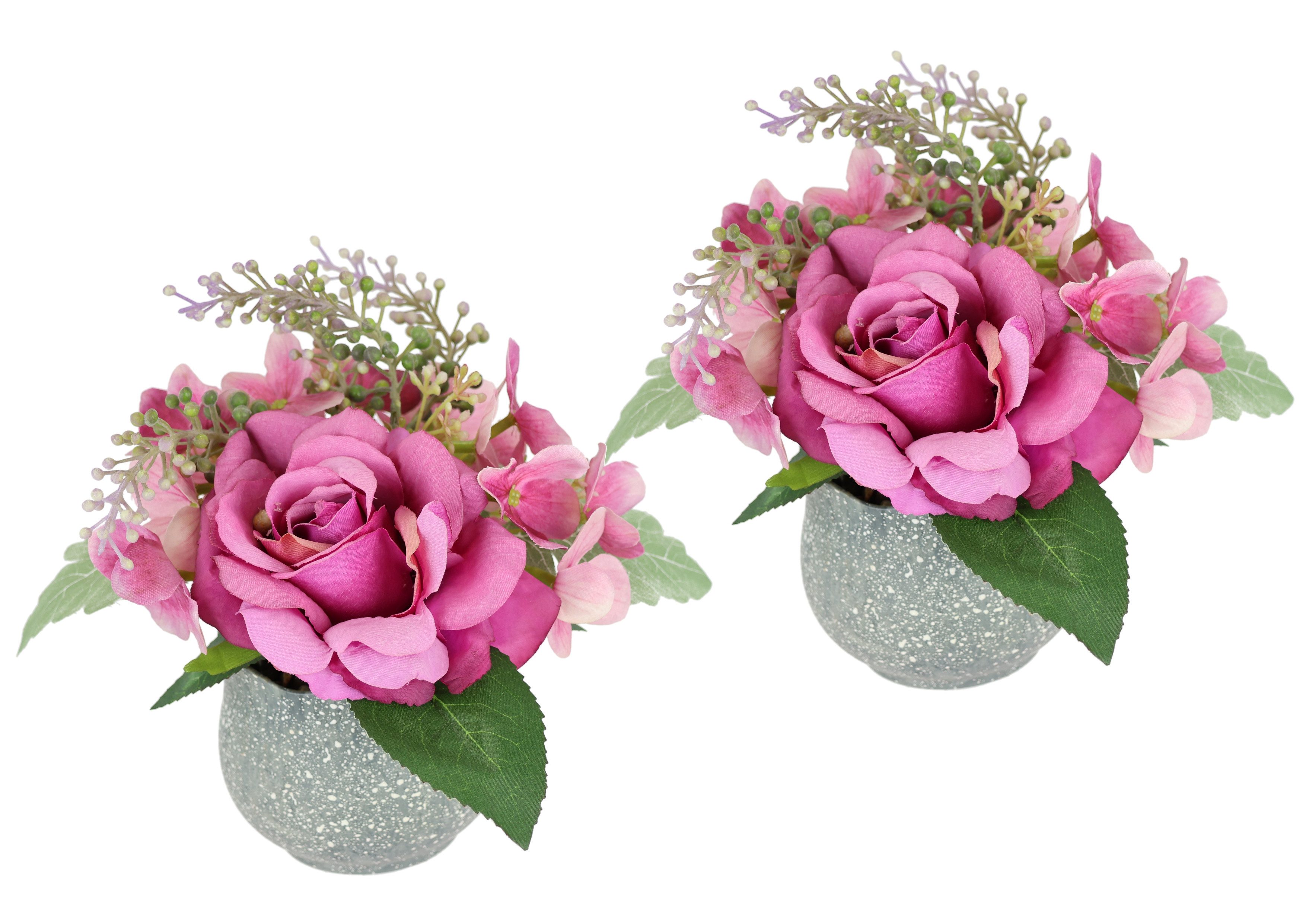 Kunstblume Arrangement Rose und Hortensie im Topf 2er Set Rose, I.GE.A., Höhe 20 cm, Blumengesteck künstlich Dekoblume Hochzeitsdeko Kunstpflanze Blume