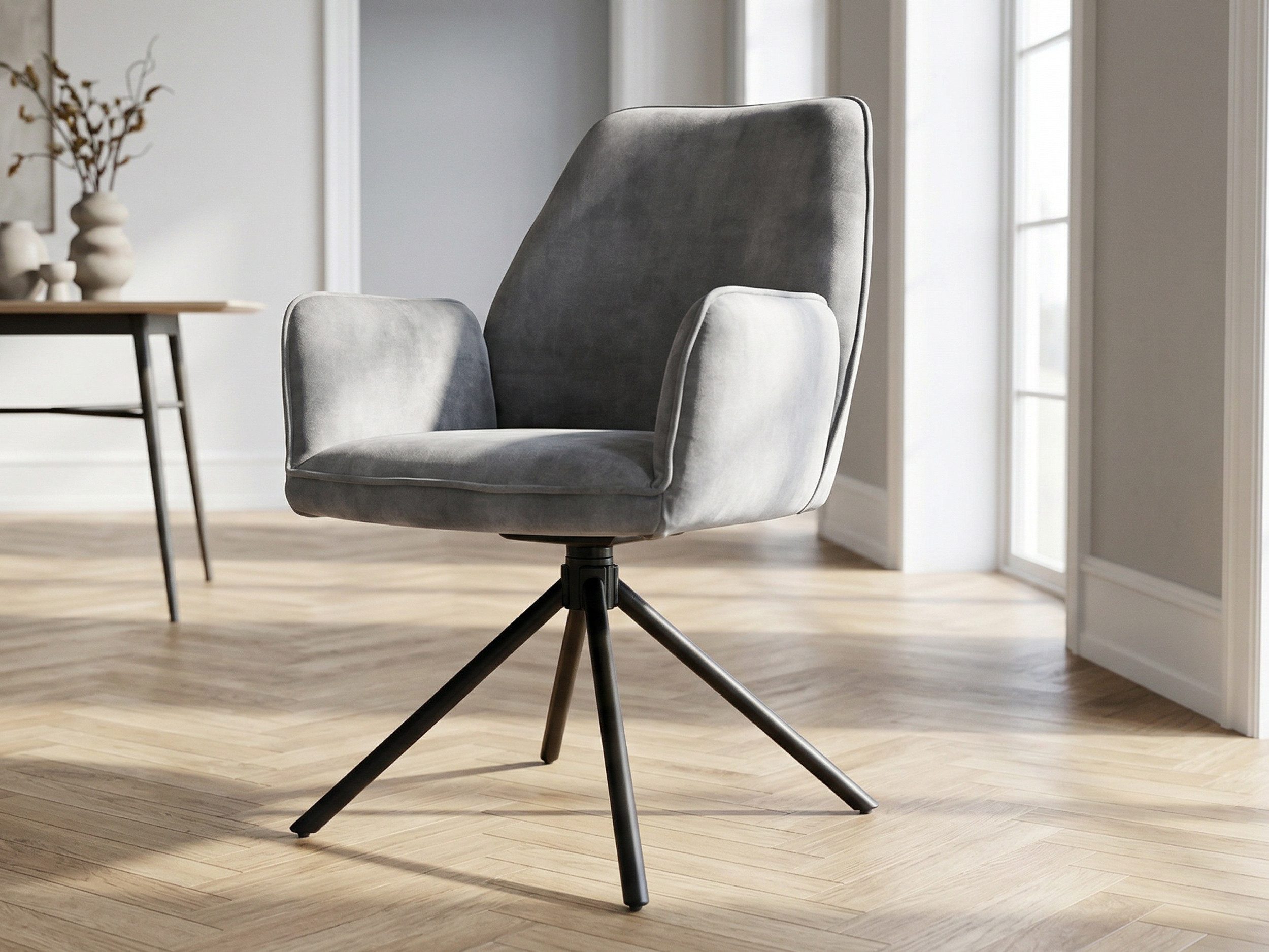 Massivart® Polsterstuhl drehbar, Esszimmerstuhl mit Armlehnen, »Ottawa«, Velouroptik • Metallgestell schwarz • mit Nivellierung