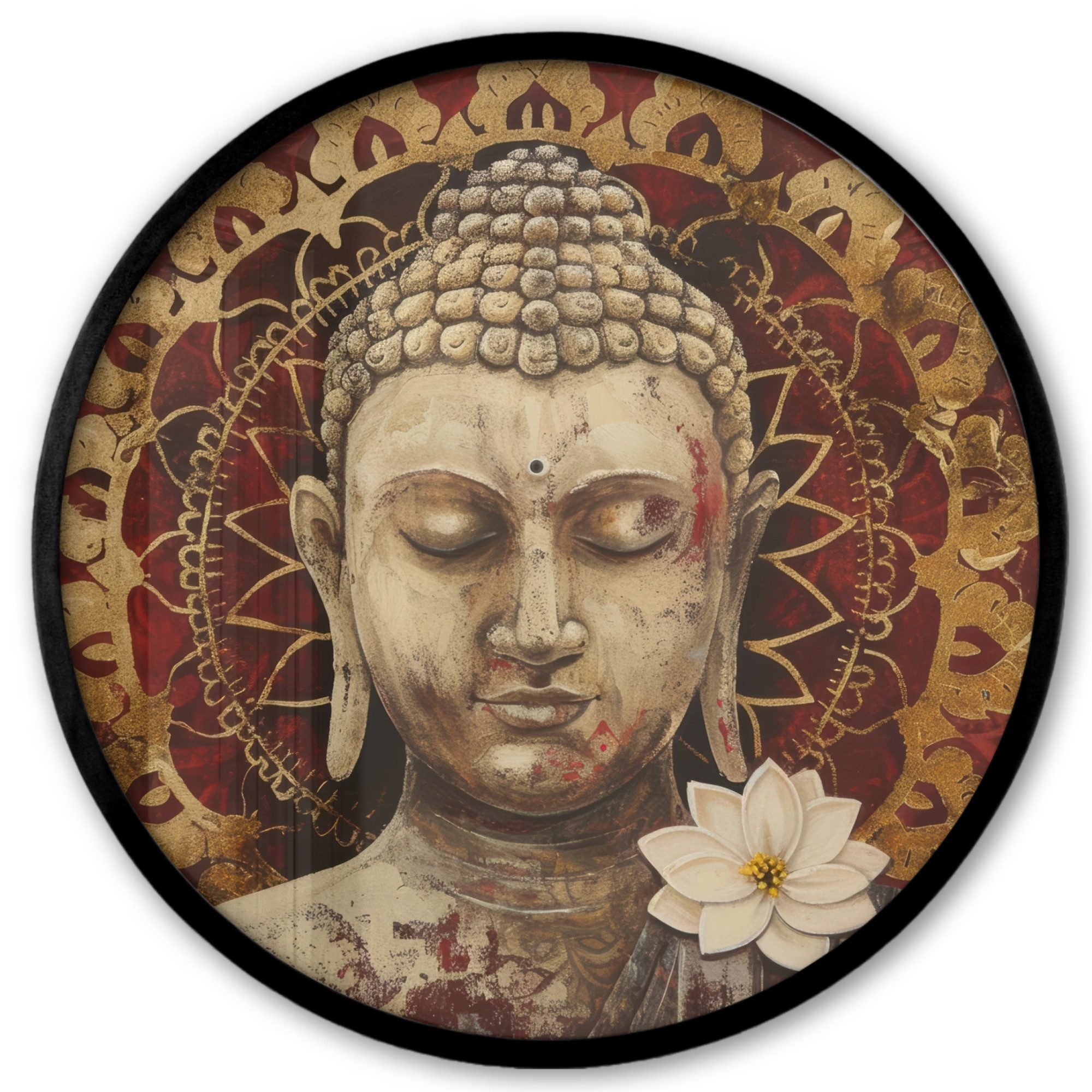 MuchoWow Poster Rund - Buddha - Mandala - Blume - Rot - Gold - Zen, (1 St), Runde Wandbilder, Deko für Wohnzimmer und Schlafzimmer, 40x40 cm