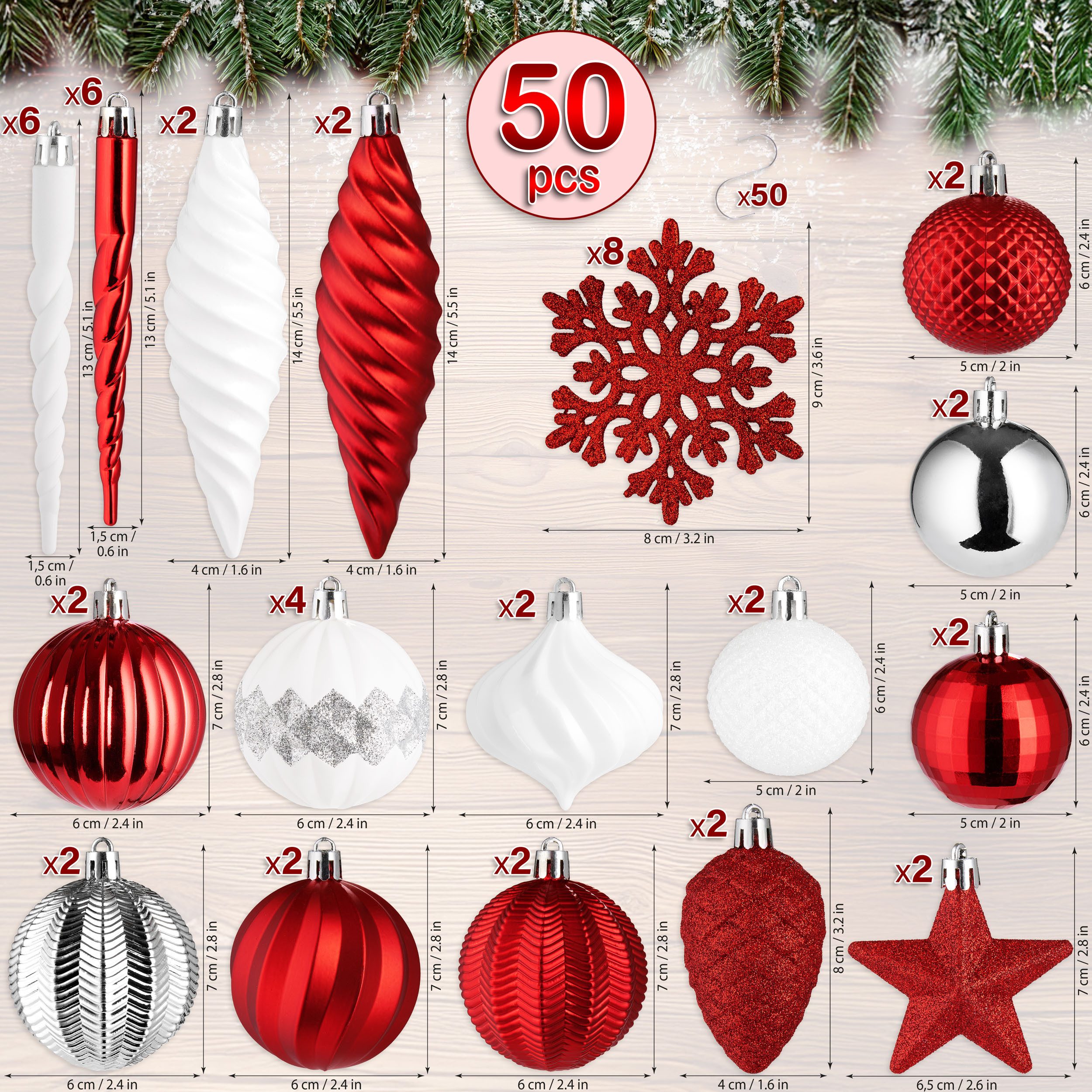 BRUBAKER Weihnachtsbaumkugel 50 -tlg. Premium Christbaumschmuck - Weihnachtskugel Set (50 St), Glitzer Kugeln, Schneeflocken, Eiszapfen und Tannenzapfen Baumschmuck