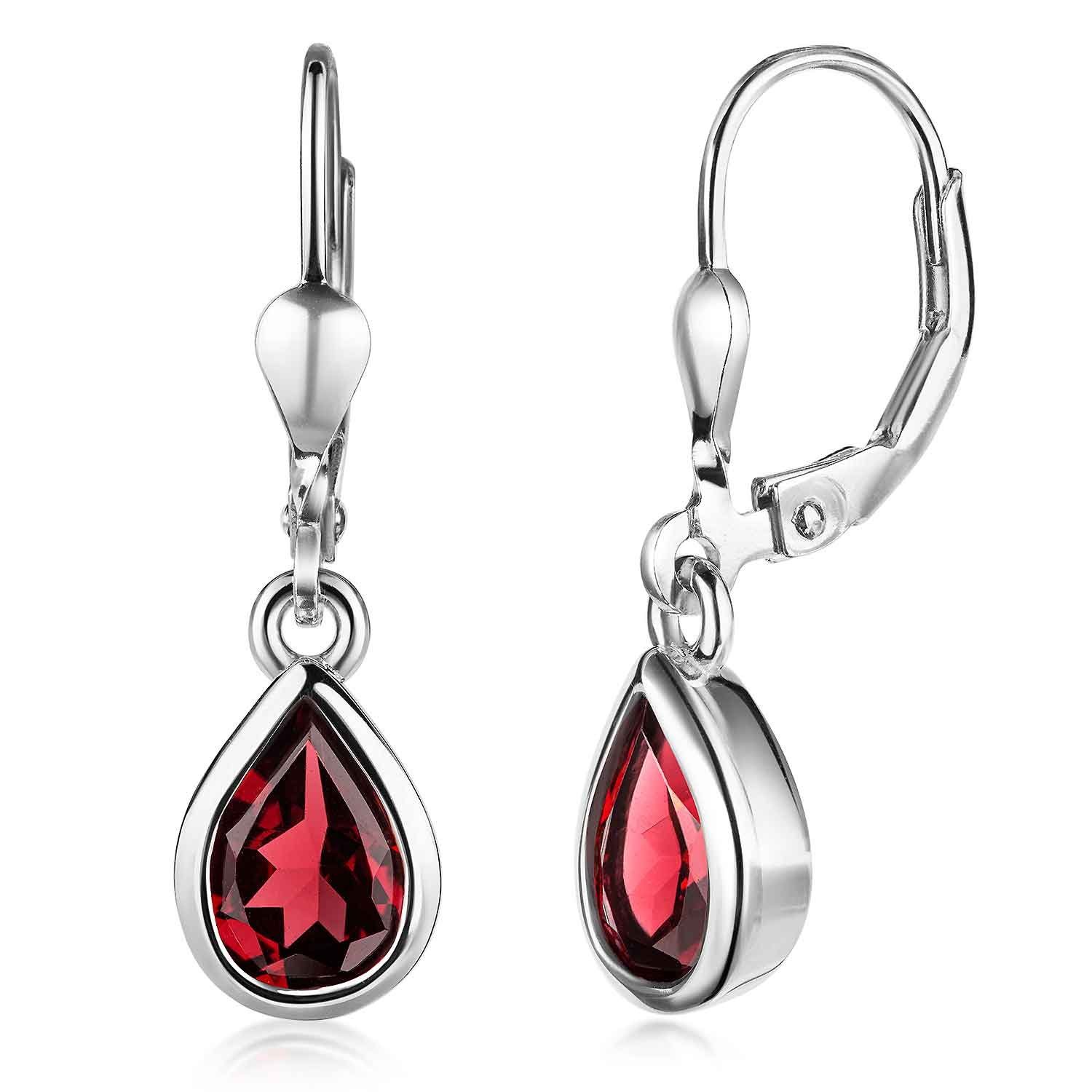 Granat Dunkelrot SO-448, Rot Sterling 925 Materia Silber, Edelstein Ohrhänger Paar Damen rhodiniert