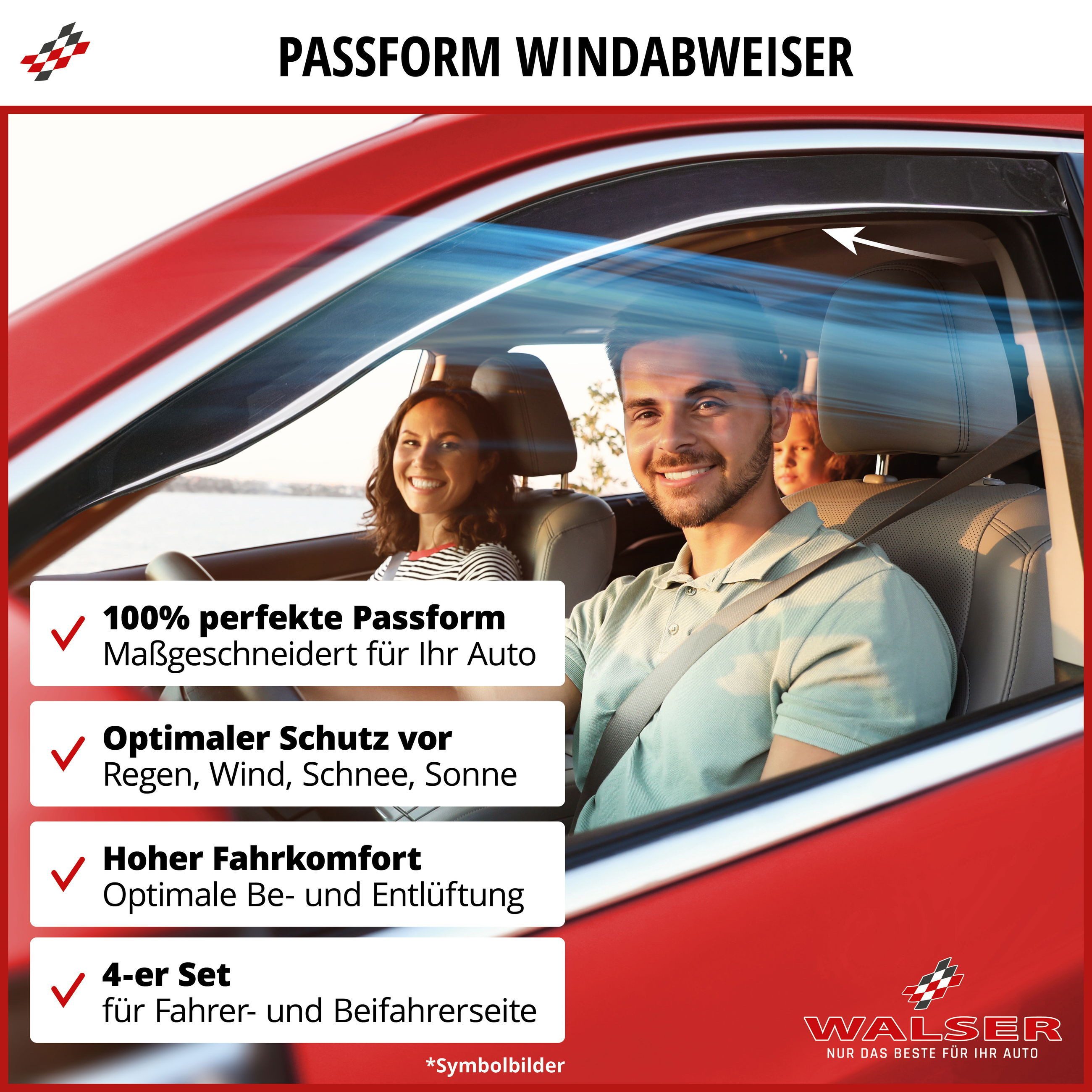 WALSER Car Sunshade Wind Deflectors for VW Golf VII 08/2012-10/2021, (12 pieces, 4 wind deflectors front and rear, 8 mounting clips)