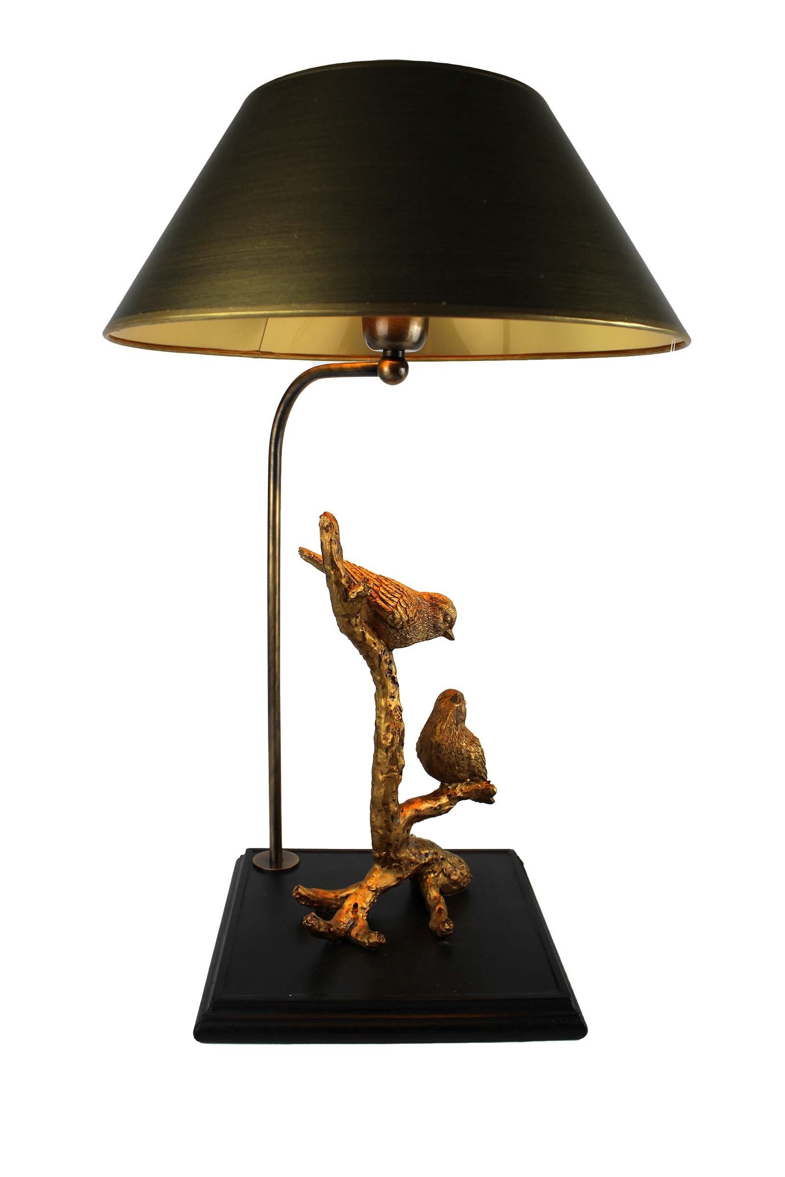 Figur Handstrichlack, Vögel Home Collection warmweiß, Signature Leuchtmittel, handgefertigt Handstrichlack, ohne in mit Tischleuchte Tischlampe Lampenschirm Schirm Tischleuchte gold mit