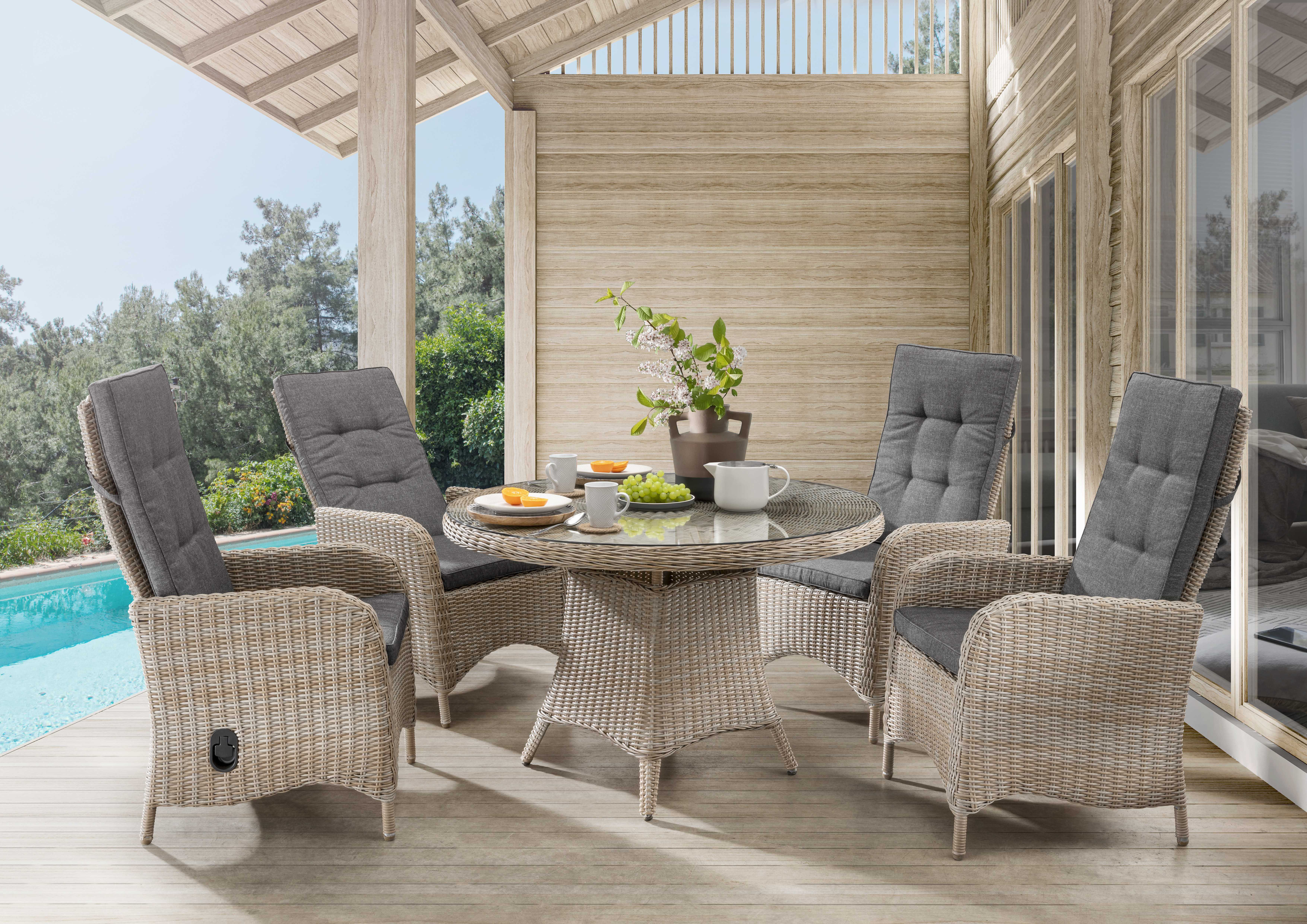 Destiny Garten-Essgruppe PALMA LUNA 4 HL + Tisch Ø 100x75cm natur meliert, (Set, 5-tlg., 4 HL stufenlos verstellb. inkl. Polster, 1 Tisch mt aufgel. Glasplatte), Aluminium, Polyrattan