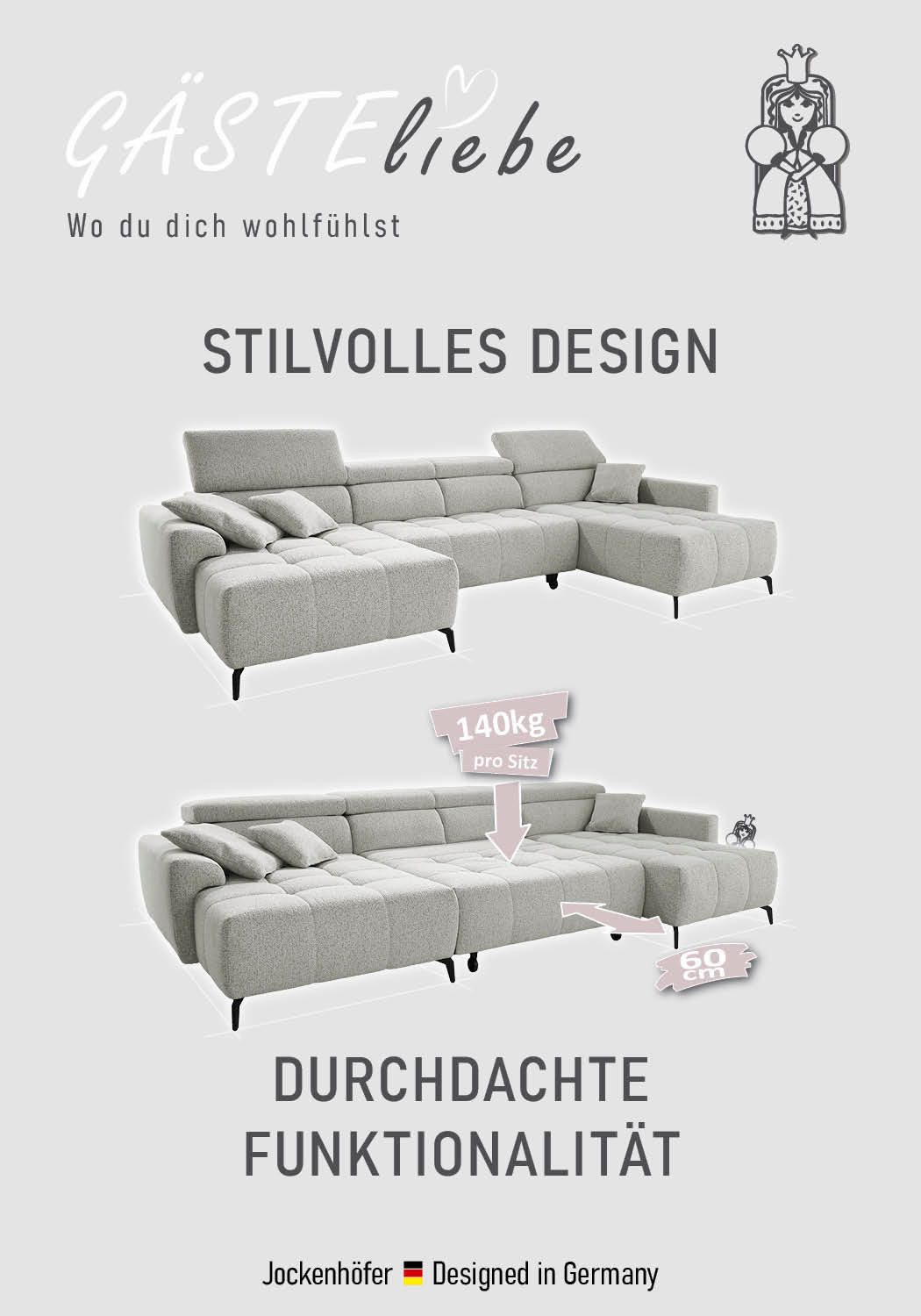 Jockenhöfer Gruppe Wohnlandschaft Ultima, U-Form, B: 363cm, mit 60 cm elektrischer Sitztiefenverstellung, 140kg Belastbarkeit je Sitz, verstellbaren Kopfstützen, USB-Ports