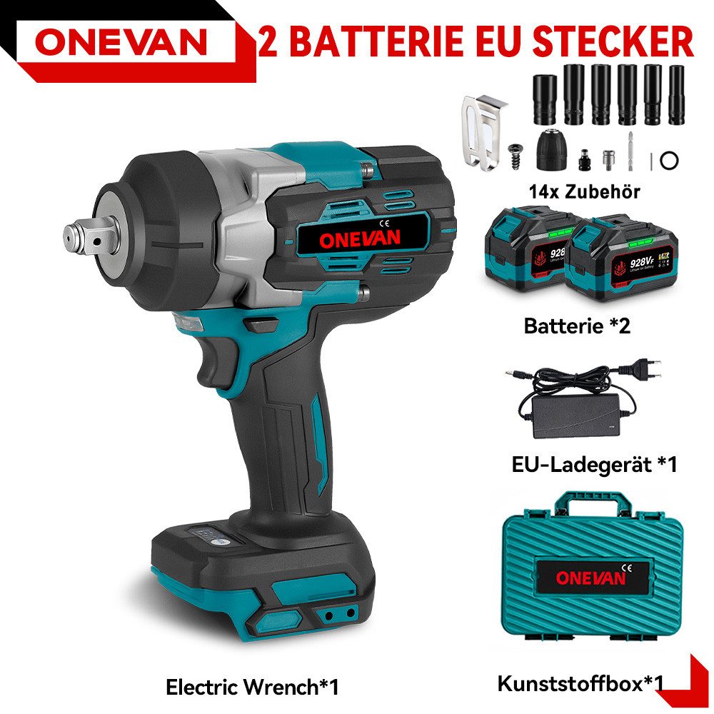 ONEVAN Akku-Schlagschrauber 2800 Nm (2,065 FT-LBS) Bürstenloser 1/2-Zoll Schlagschrauber, 8000 U/min, 2800 Nm, mit 2 x 4.5Ah Akkus & 6x Stecknüsse, für Reifenwechsel und Kfz-Wartung
