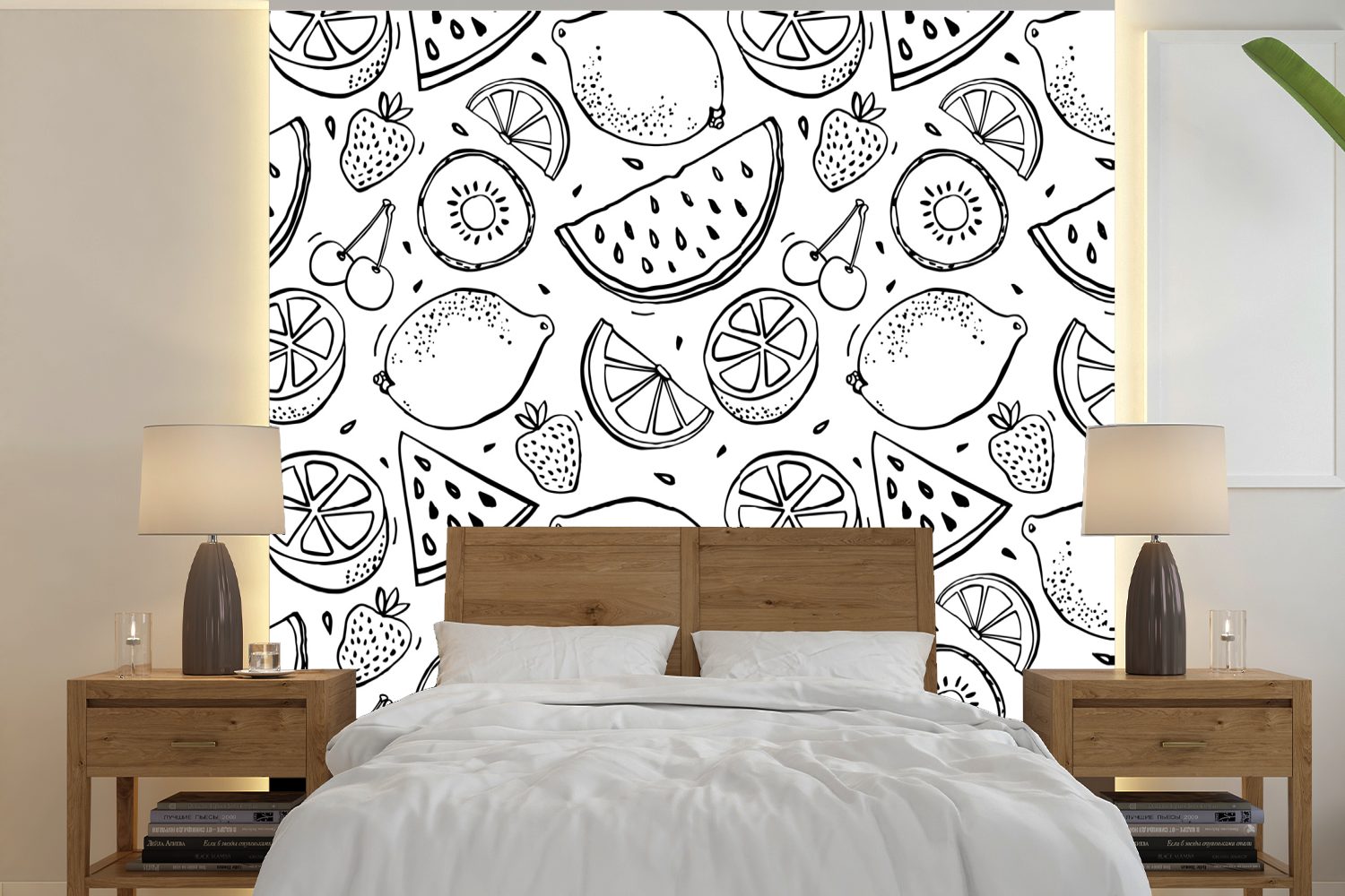 Wandtapete Schwarz Weiß, Schlafzimmer, MuchoWow - Zitrone (5 oder bedruckt, St), für Matt, Tapete - Kirsche Wohnzimmer Fototapete Vinyl -