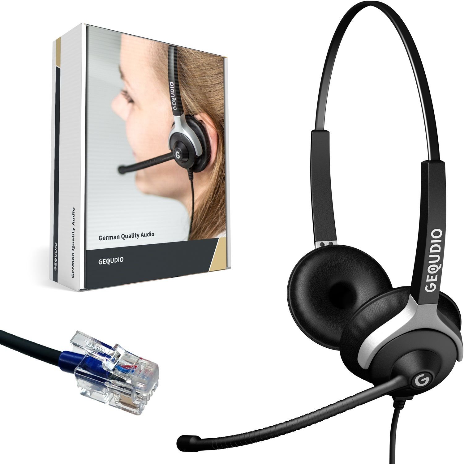 GEQUDIO für Cisco Telefone mit RJ-Anschluss Headset (2-Ohr-Headset, 80g leicht, Bügel aus Federstahl, mit Wechselverschluss für mehrere Endgeräte, inklusive Anschlusskabel) | Kopfhörer