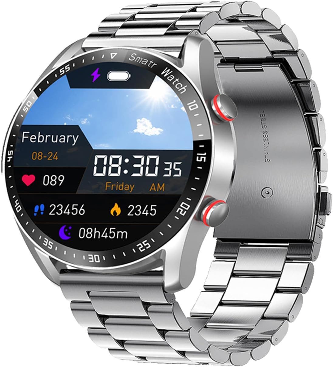 Ophy Smartwatch für Herren mit Bluetooth-Anruf & Fitnesstracker Smartwatch, 1,28 Zoll Touchdisplay, IP67 wasserdicht, Edelstahl – Silber