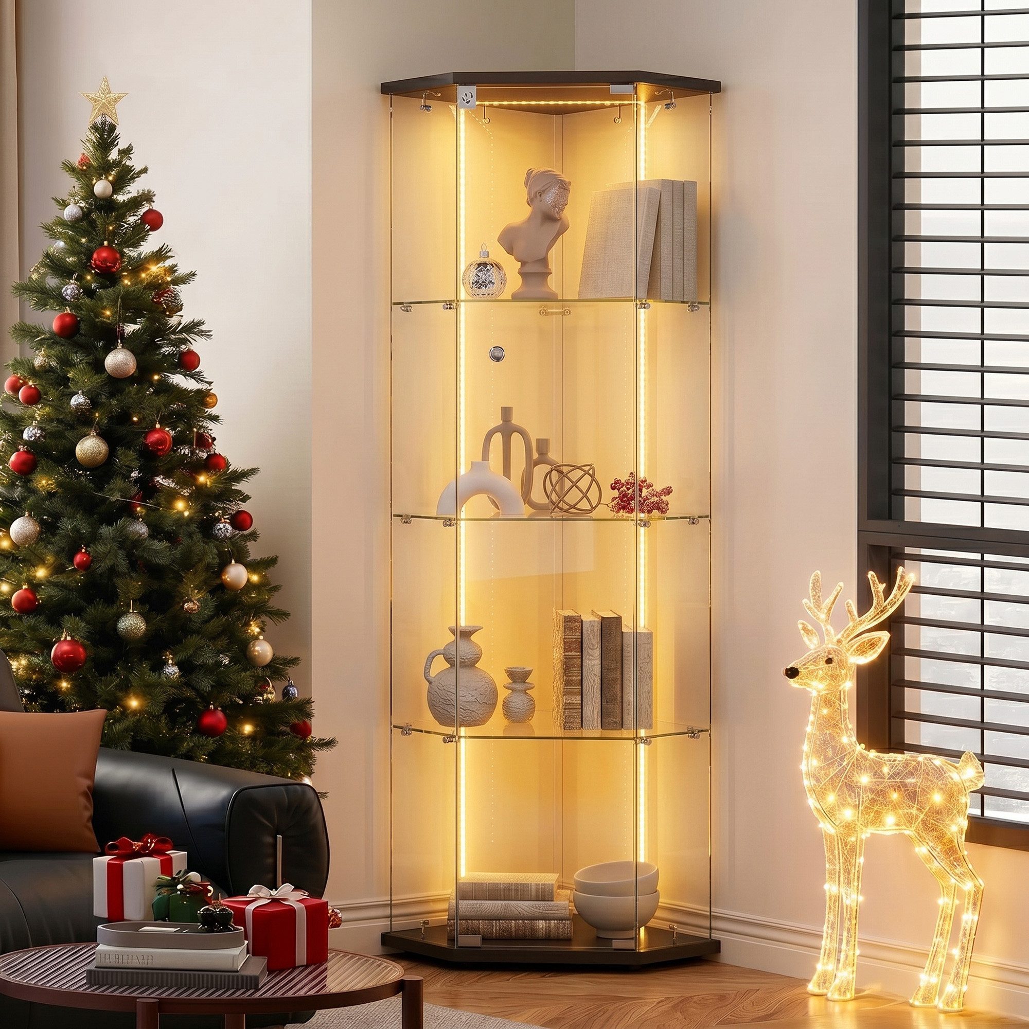 Simurq Vitrinenaufsatz Eckvitrine mit Gehärtetem Glas,Vitrinenschrank mit LED,4 Einlegeböden, (Set, Glasvitrine Standvitrine,Glasschrank), Modern Glasvitrine Stehend Vitrinenschrank,Sammlervitrine