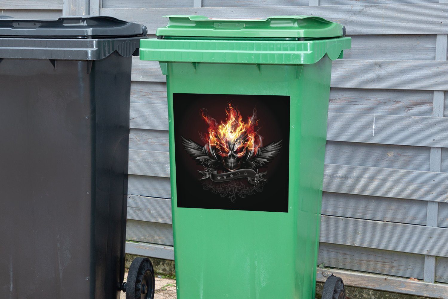 Mülleimer-aufkleber, Wandsticker MuchoWow Mülltonne, (1 St), Schädels flammenden Abfalbehälter Illustration Container, Sticker, eines Eine