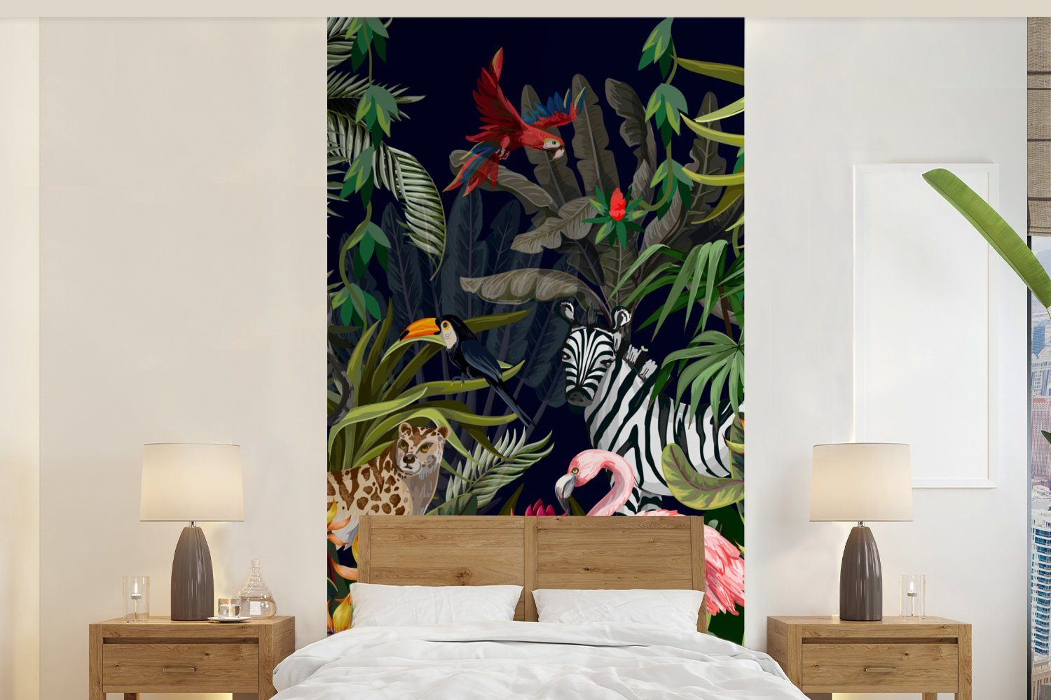 MuchoWow Fototapete Dschungeltiere - Natur - Jungen - Mädchen - Flamingo - Zebra, Matt, bedruckt, (2 St), Vliestapete für Wohnzimmer Schlafzimmer Küche, Fototapete
