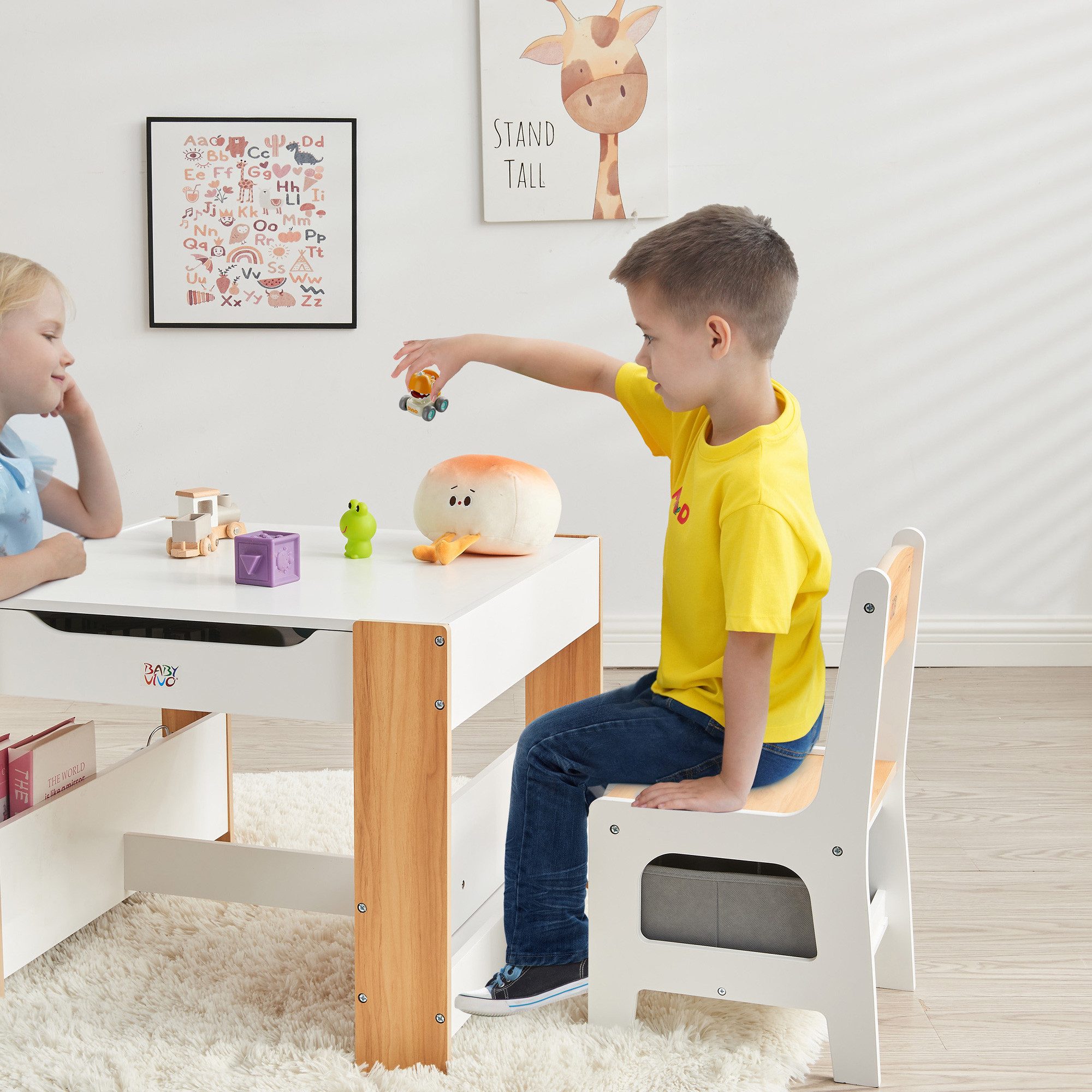 Baby Vivo Kindersitzgruppe multifunktionaler Tisch 2 Stühle aus Holz - Mia günstig online kaufen
