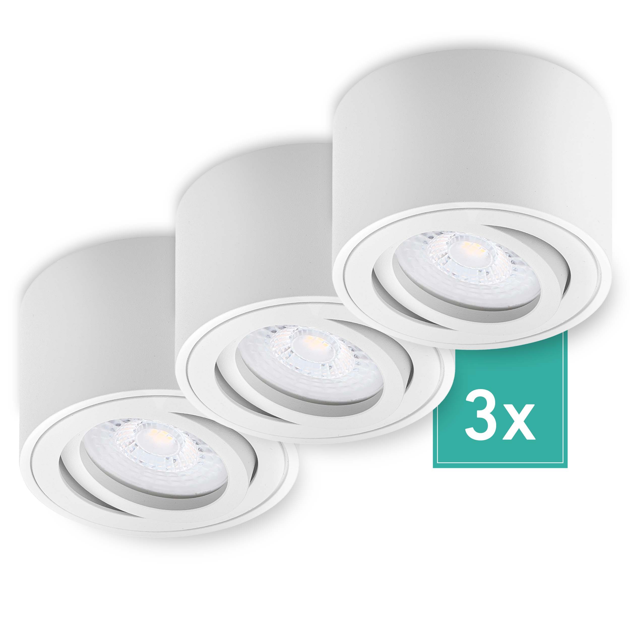 Oktaplex lighting LED Deckenstrahler 3 Stück Aluminium Aufbauspot weiß inkl. LED Modul neutralweiß, schwenkbar, Leuchtmittel wechselbar, neutralweiß, 4000 Kelvin 230V Höhe 50mm weiß