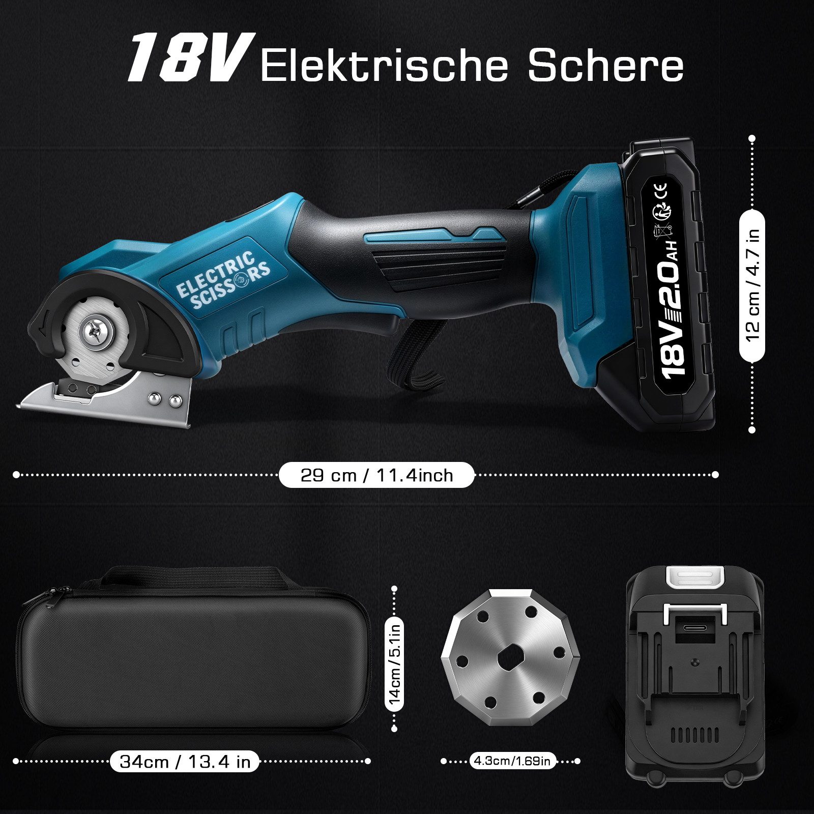 XERSEK Akku-Universalschere 18V Elektrische Schere mit 2,0Ah Akku, Kartonschneider Akkuschere, 18 in v, 18 V in V, 2 Klingen, 440U/min Motor, 9mm Schnitttiefe Kompatibel mit Makita-Akku, Multi-Cutter Rollschneider Nähschneider für Karton Leder Teppich Stoff