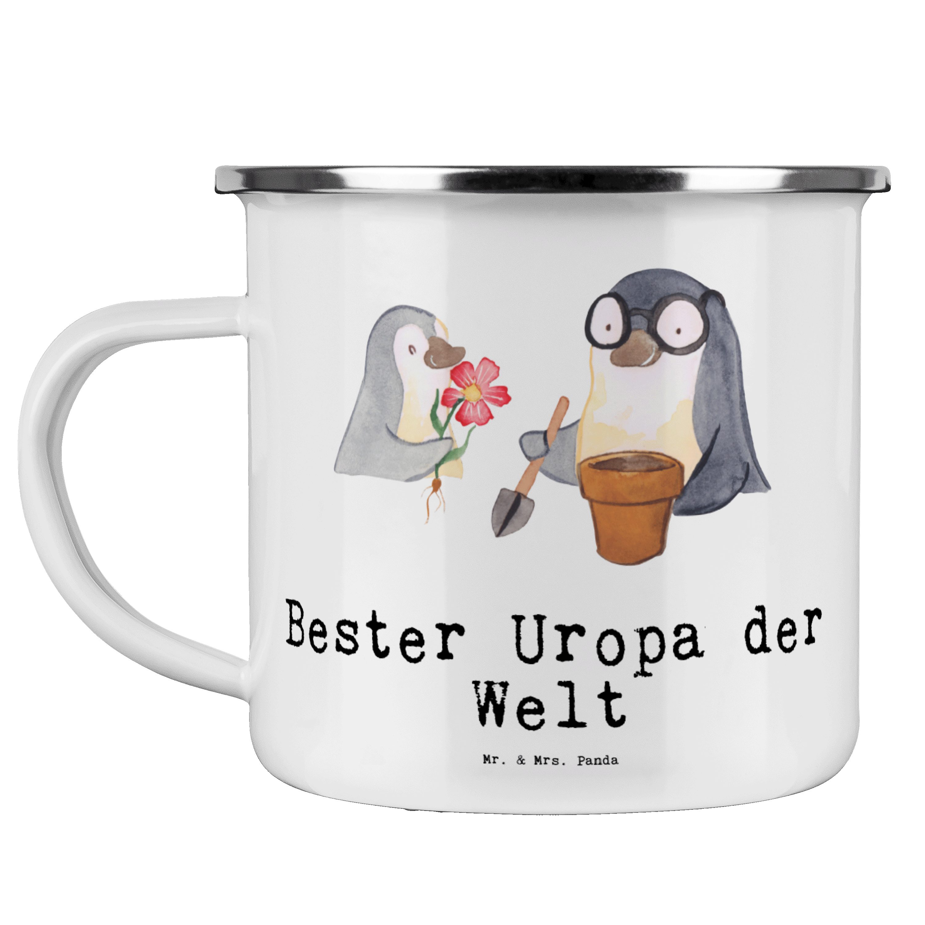 Mr. & Mrs. Panda Becher Pinguin Bester Uropa der Welt - Weiß - Geschenk, Geburtstagsgeschenk, Emaille