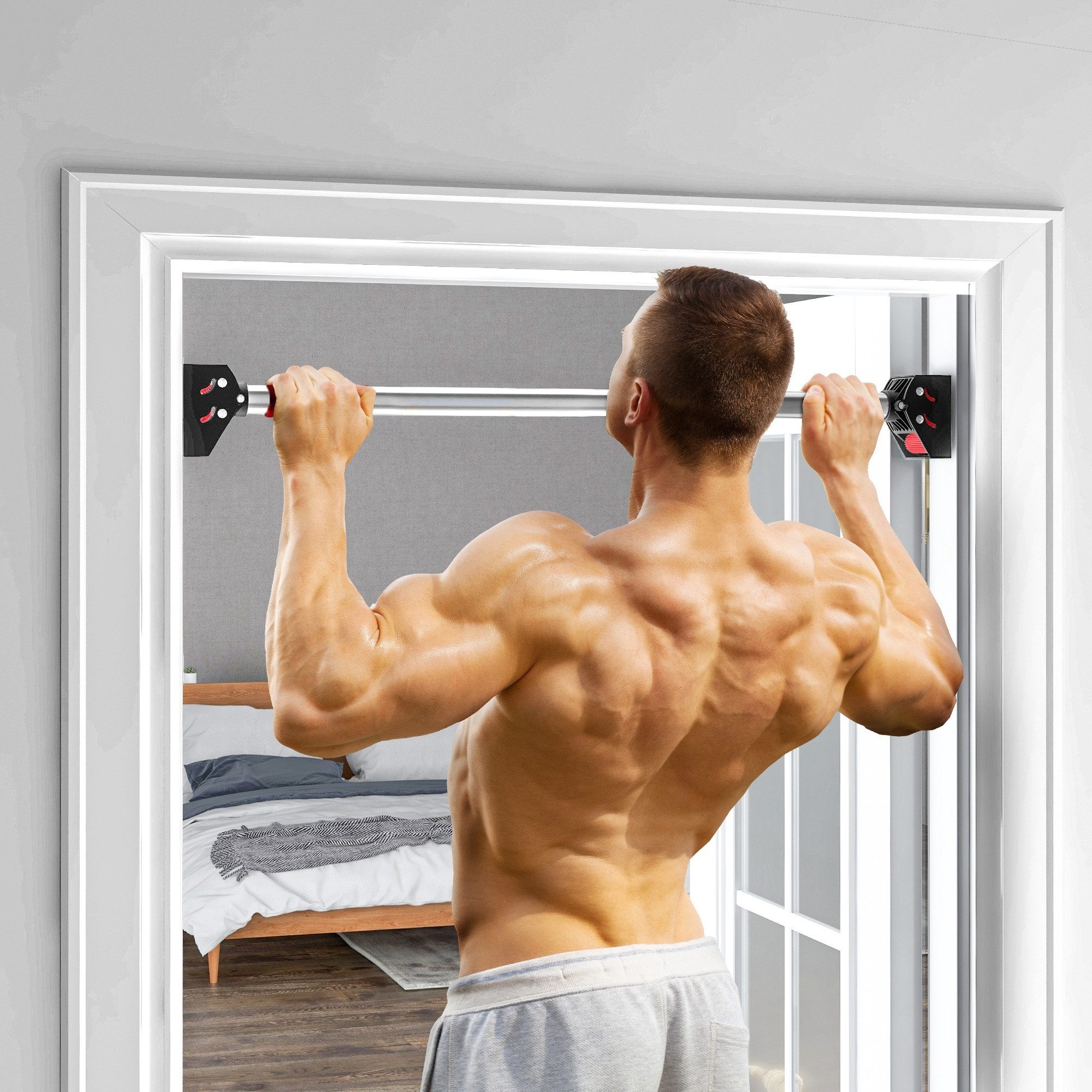 SPORTNOW Klimmzugstange Türreck Wandmontage, Pull Up Bar, Stahl, Schwarz (Balkenhalterung, 1-tlg., Türrahmen), verstellbare Länge (75–92 cm), für Heimtraining im Fitnessstudio