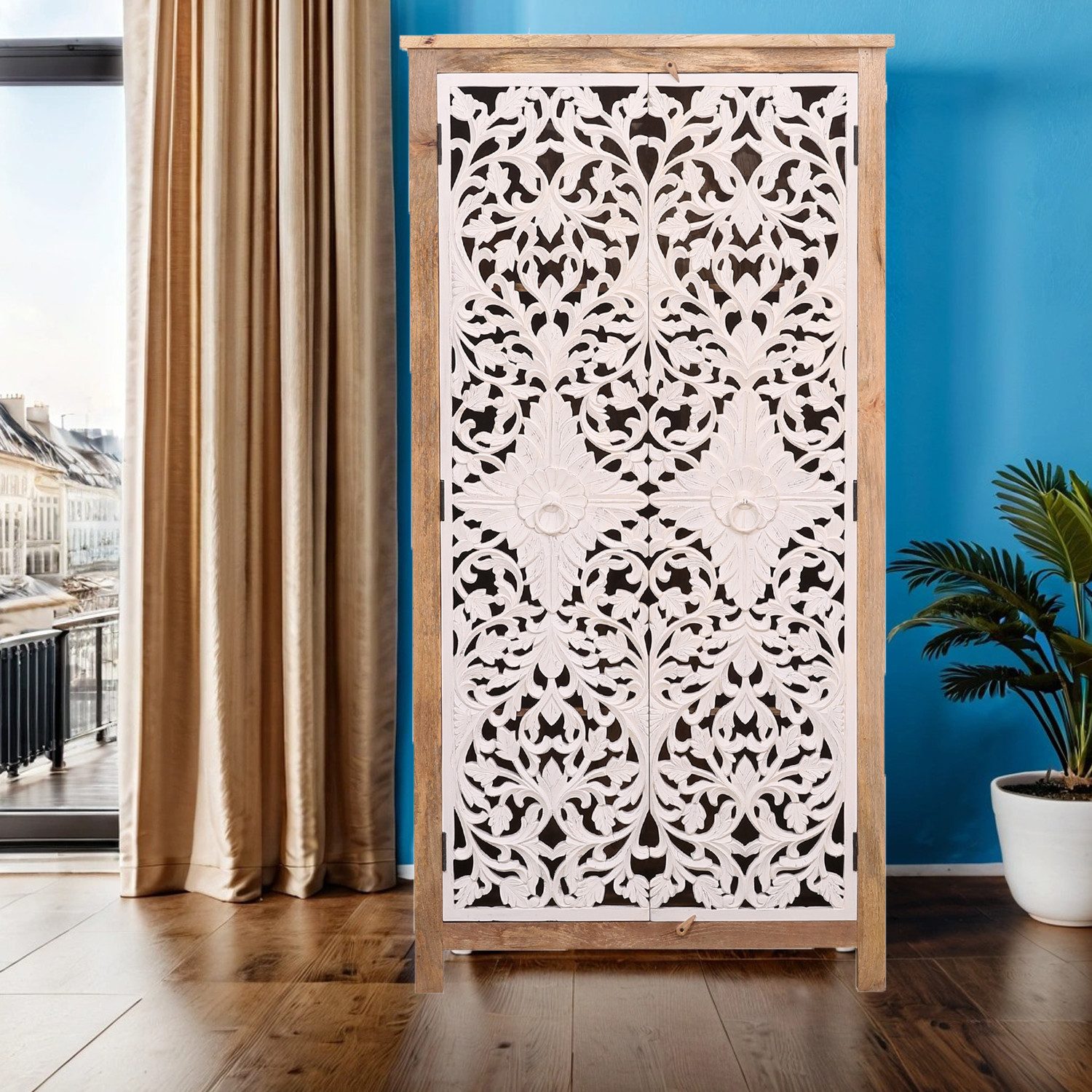 Marrakesch Orient & Mediterran Interior Highboard Boho Möbel Schrank Kleiderschrank Highboard aus Holz Braun Weiss Bulam (1 St), Handarbeit