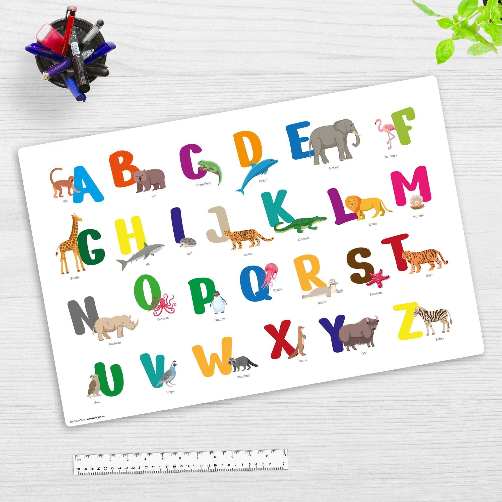 cover-your-desk.de Schreibtischunterlage abwaschbar - Buntes ABC mit Tieren für Kinder - Made in Germany
