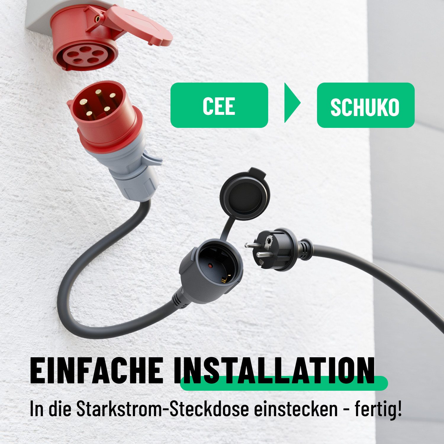 greate. CEE Adapter 16A auf Schuko Kupplung - Adapter Starkstrom auf 230V 16A CEE-Adapterkabel CEE zu Schuko, 50 cm, Schutzklasse IP44 spritzwassergeschützt