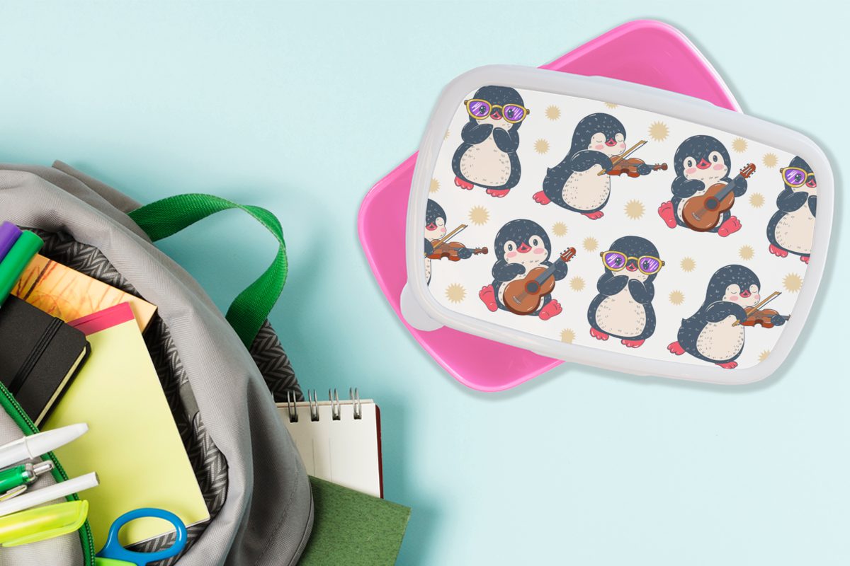 MuchoWow Lunchbox Pinguin - Musik (2-tlg), für rosa - - Kinder, - Snackbox, Brotbox Kunststoff Erwachsene, Gitarre Kinder Kunststoff, Mädchen, Muster, Brotdose
