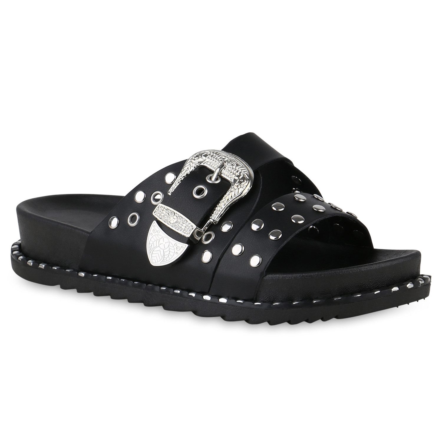 VAN HILL 840995 Pantolette Damen Pantoletten Sandalen Nieten Schnallen Prof günstig online kaufen