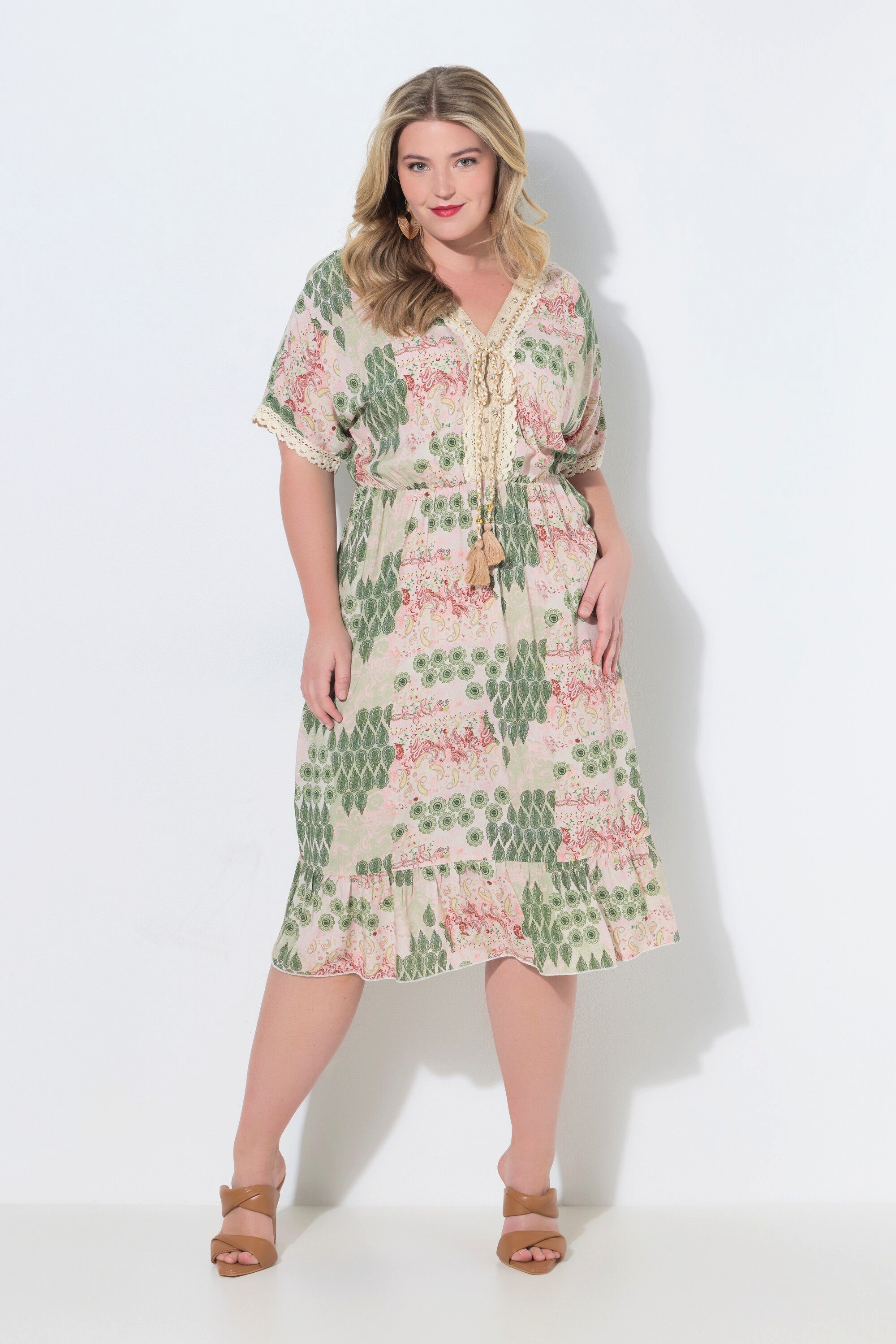 MIAMODA Midikleid Midikleid Alloverdruck Spitzenbänder Halbarm