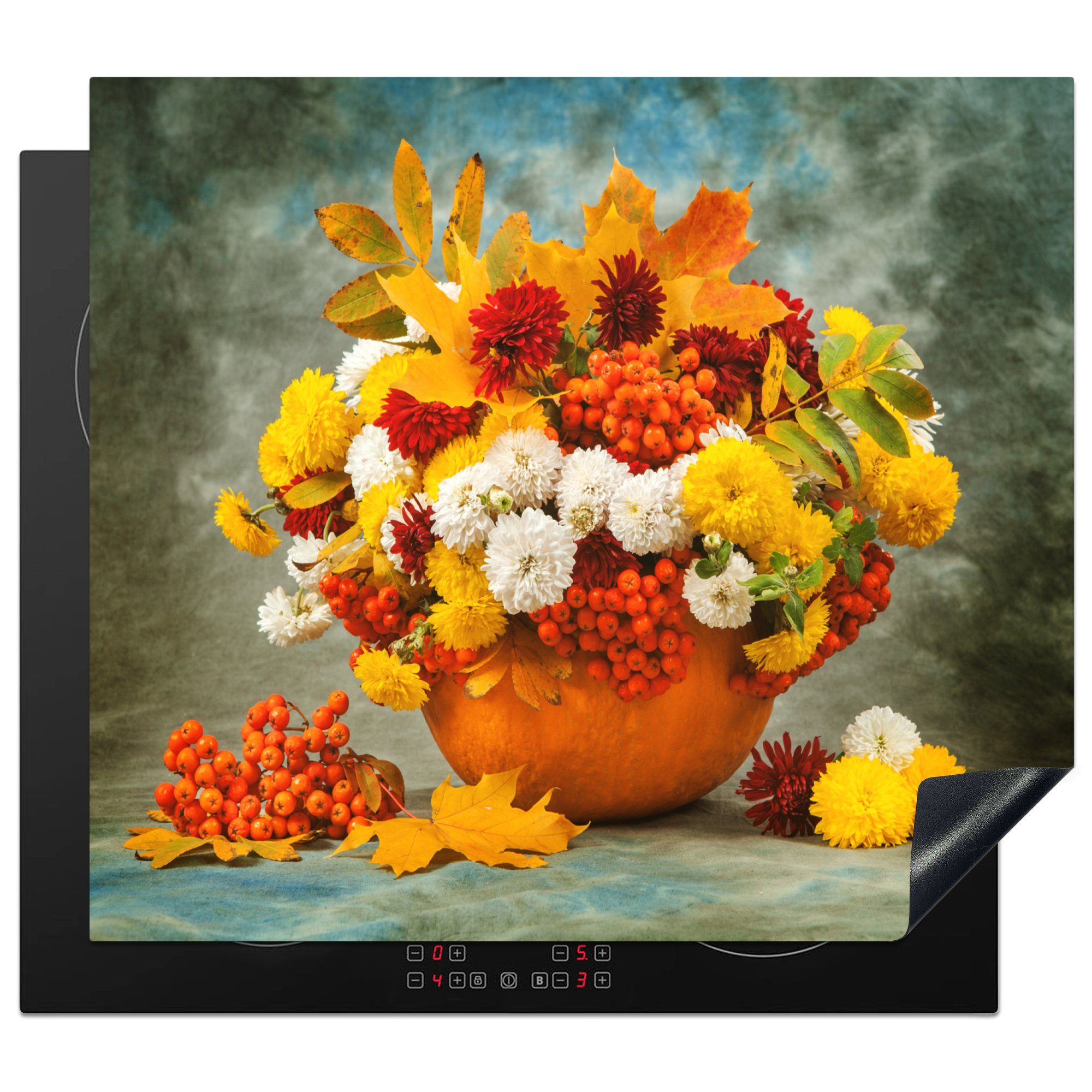MuchoWow Herdblende-/Abdeckplatte Blumen - Herbst - Obst, Vinyl, (1 tlg), 59x52 cm, Ceranfeldabdeckung für die küche, Induktionsmatte