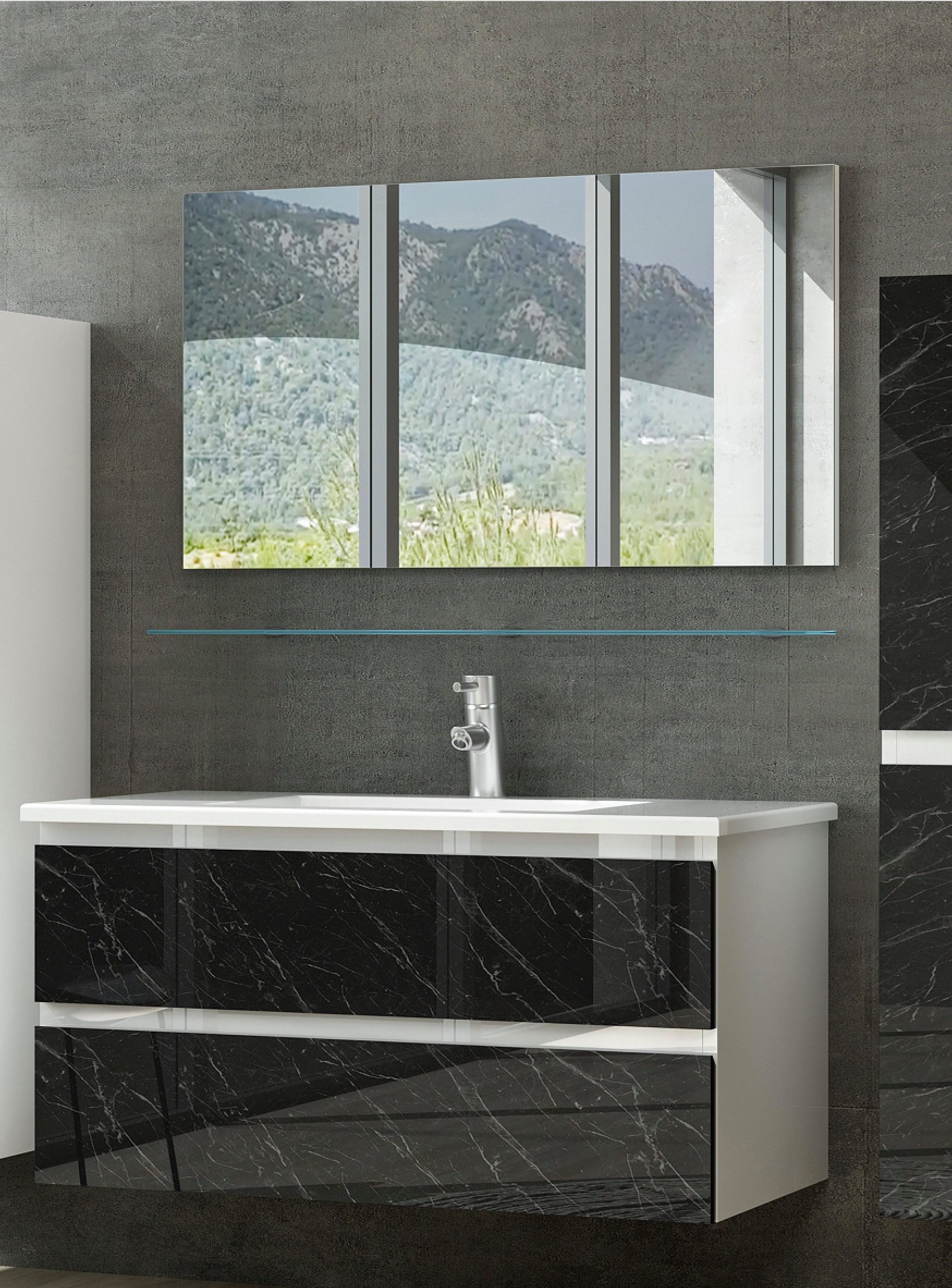 Homeline Badmöbel-Set Badmöbel Set 90 cm Schwarz / Weiß Badmöbel Set 90 cm Bad marmoroptik, (6-St)