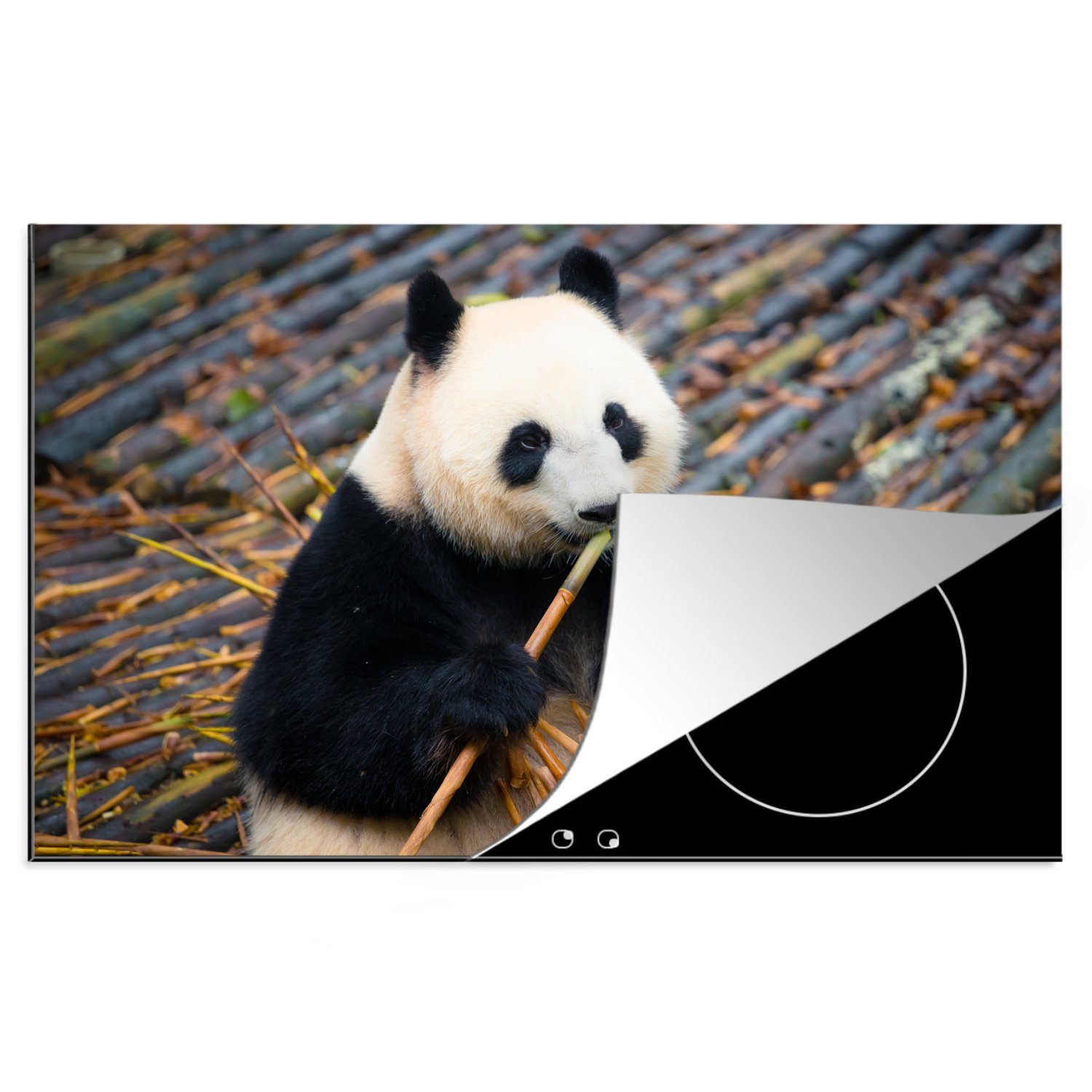 - Blätter, Vinyl, 81x52 Herdblende-/Abdeckplatte Panda Schutz Induktionskochfeld für die cm, - MuchoWow Ceranfeldabdeckung (1 Bambus tlg), küche,