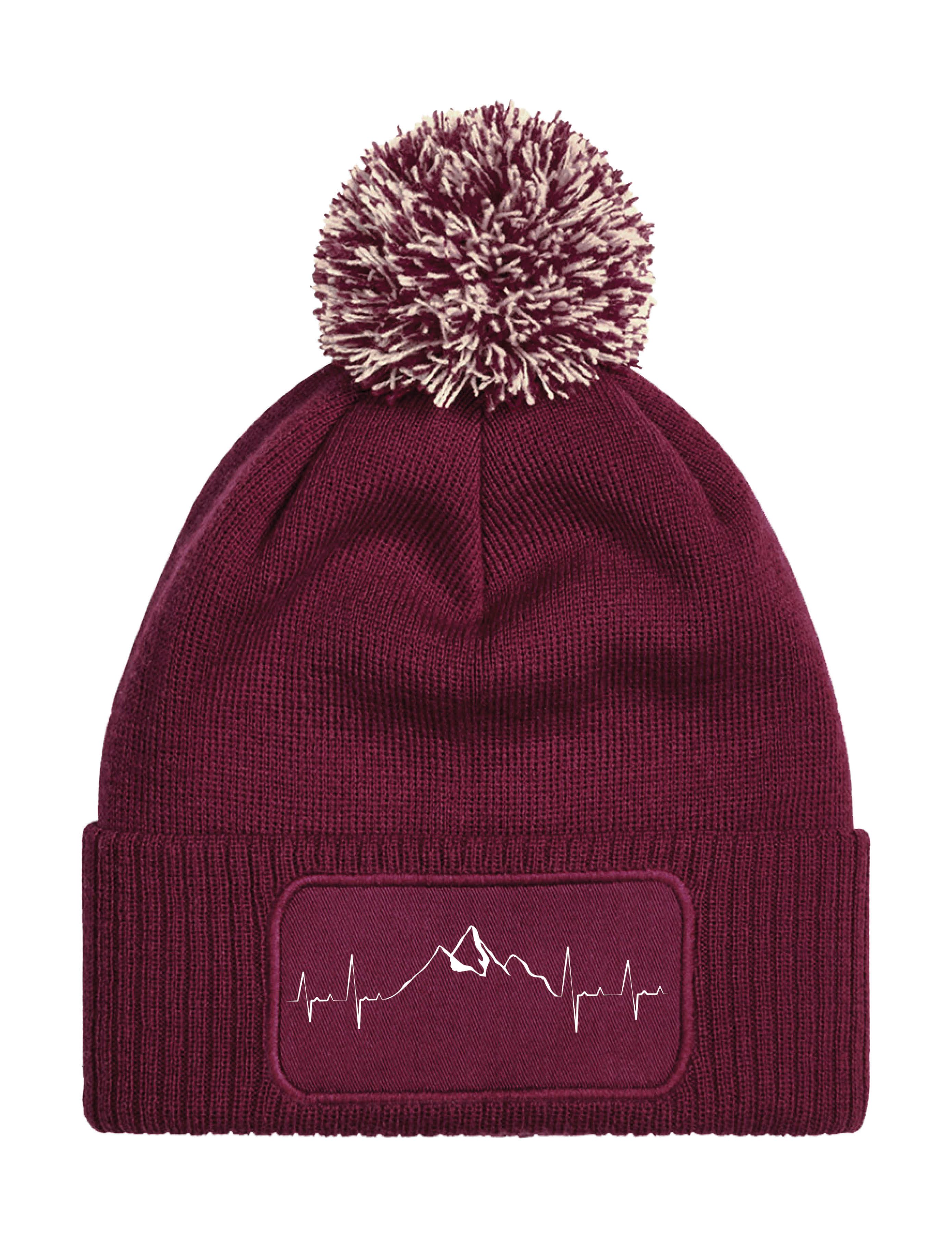 Beanie Unisex Strick Bommel Beanie Mütze mit Heartbeat Mountain Aufdruck
