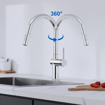 Auralum Küchenarmatur 360° Spültischarmatur Wasserhahn Küche Ausziehbar, 2 Strahlarten