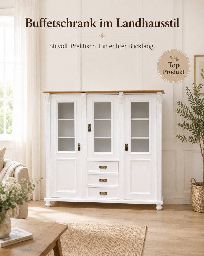 Wohnpalast Vitrine Premium Jugendstil Vitrine aus Weichholz – Landhaus-Stil, Weiß lackier