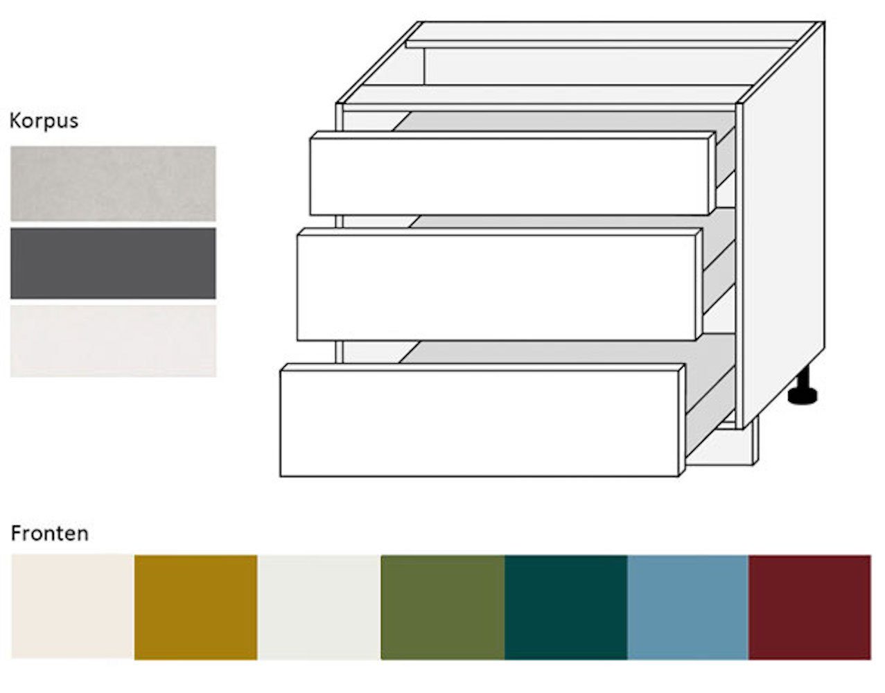 Unterschrank wählbar 90cm Front- (Rimini) Rimini Korpusfarbe RAL signalweiß matt (Teilauszug) Schubladen 3 & Feldmann-Wohnen 9003 mit