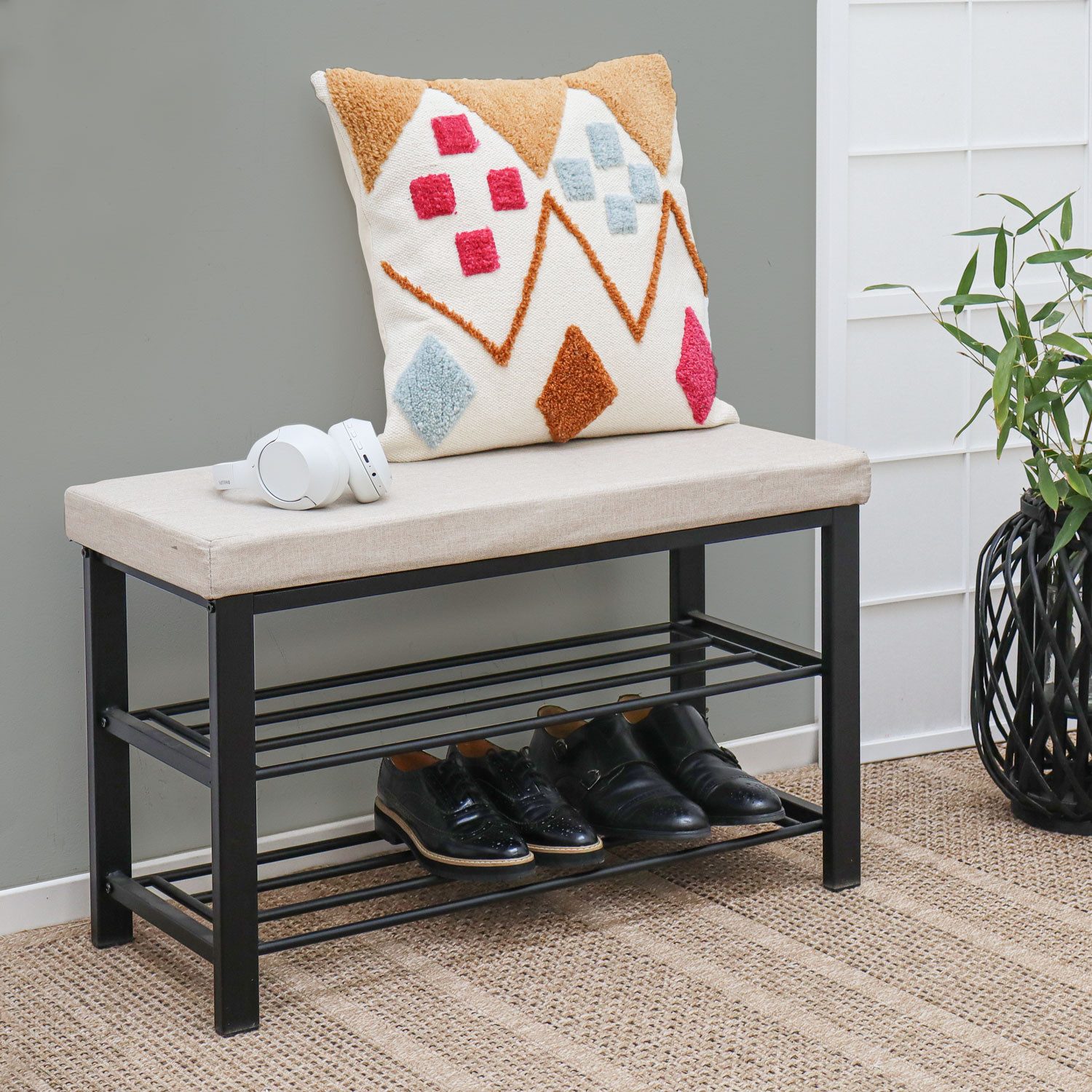 DuneDesign Schuhregal 81 x 32 x 46 cm Schuhbank mit Ablagen & Sitzfläche - Sitzbank Metall, Garderobenbank Flur - Flurbank mit Polster - Polsterbank für Gardero – Bild 2 von 5