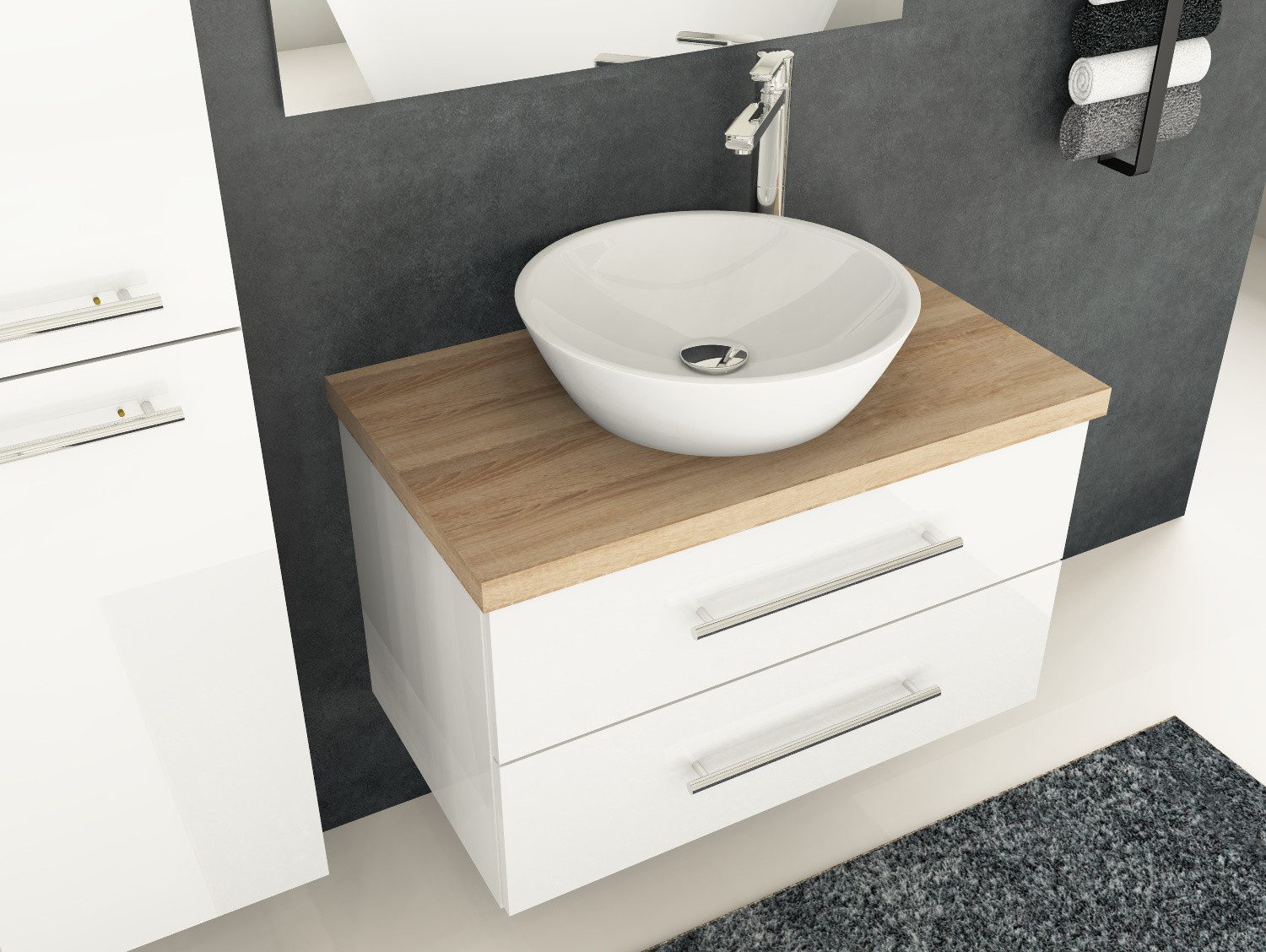 Aqua Bagno Badmöbel-Set Flex Badmöbel 80 cm, Aufsatzbecken Ø 45 cm, Eiche Gold/Weiß Hochglanz, (3-St., Badmöbelschrank lackiert, Trägerplatte, Keramikwaschbecken)