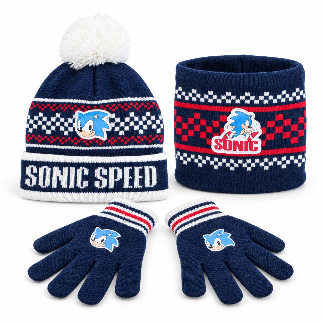 Sonic The Hedgehog Bommelmütze Sonic Set Kinder Herbst 3tlg Set Wintermütze Snood Handschuhe (3-St) Gr. 53/54