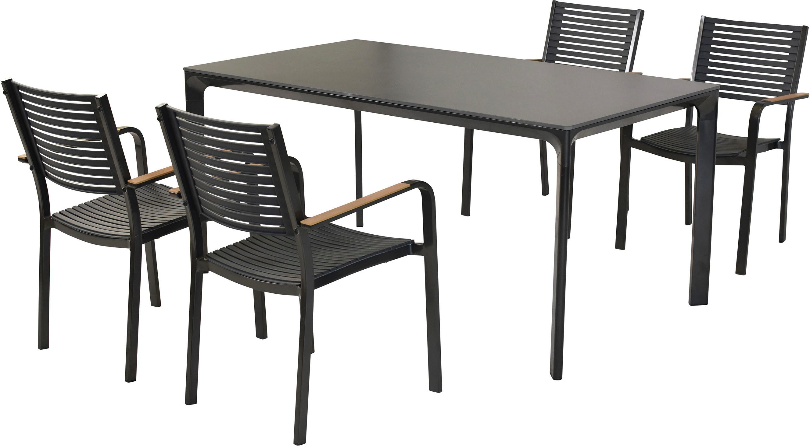 MERXX Garten-Essgruppe »Paliano«, (Set, 5-tlg), Applikationen, Armlehnen und Tischplatte aus Kunststoff in Holzoptik