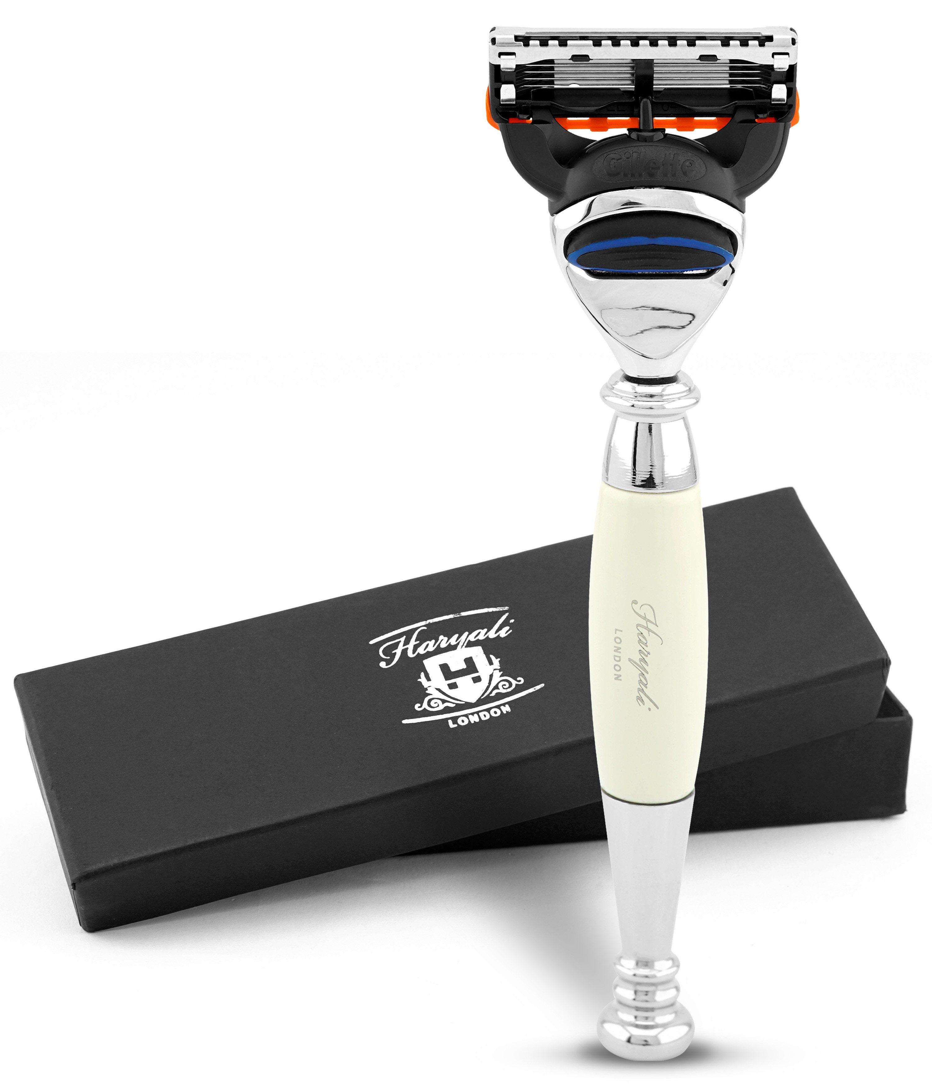 Haryali London Nassrasierer Fusion 5 Unisex-Rasierer mit Griff aus Elfenbeinimitat, Pack, Rasierer mit Klinge und MESSINGHARZ Finish, Abwaschbarer, rutschfester Griff. Passend für alle Fusion5 Rasier.