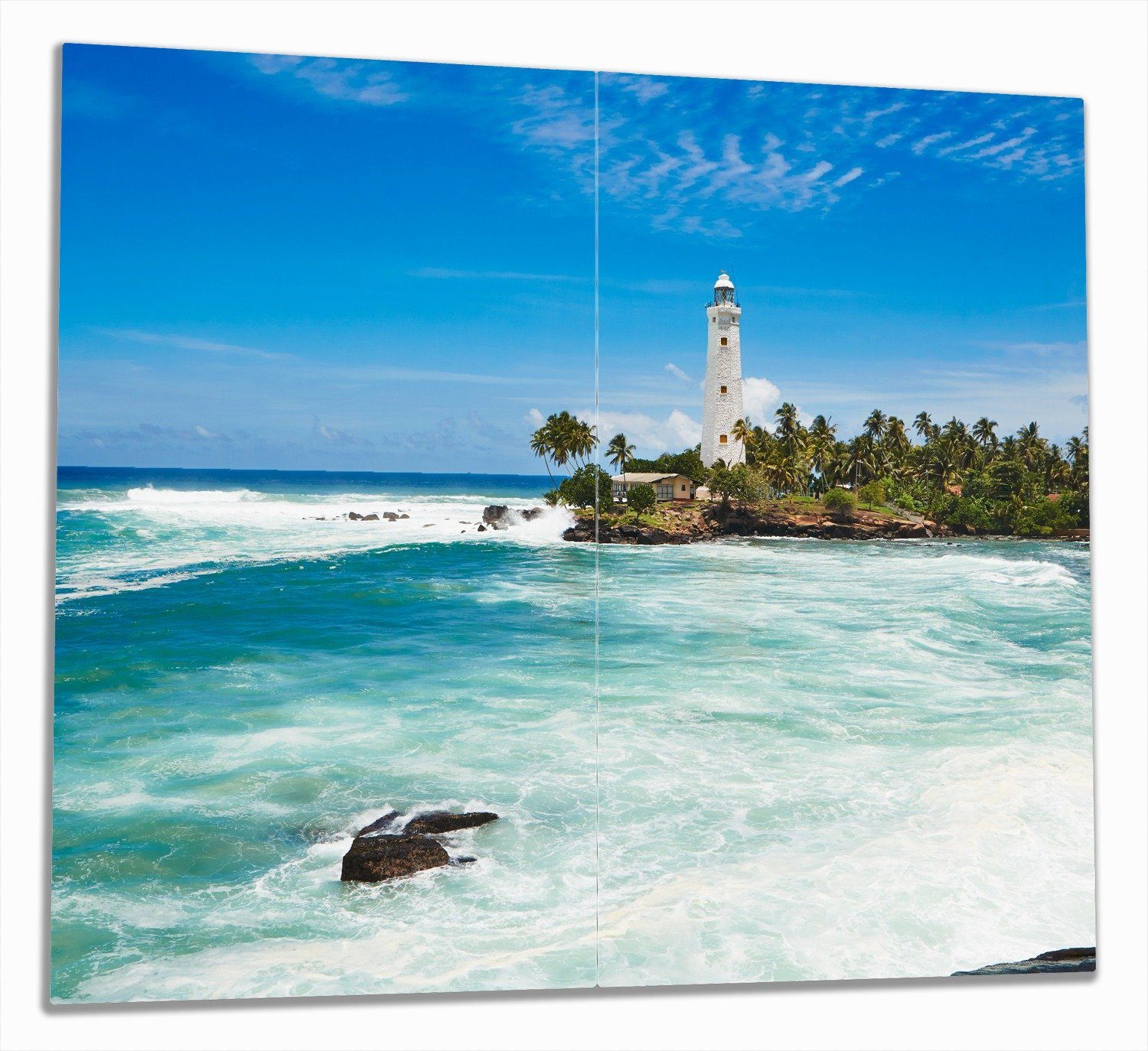 Wallario Herd-Abdeckplatte Weißer 5mm Sri Lanka, Noppen), ESG-Sicherheitsglas, 2 verschiedene auf Größen Leuchtturm inkl. (Glasplatte, tlg