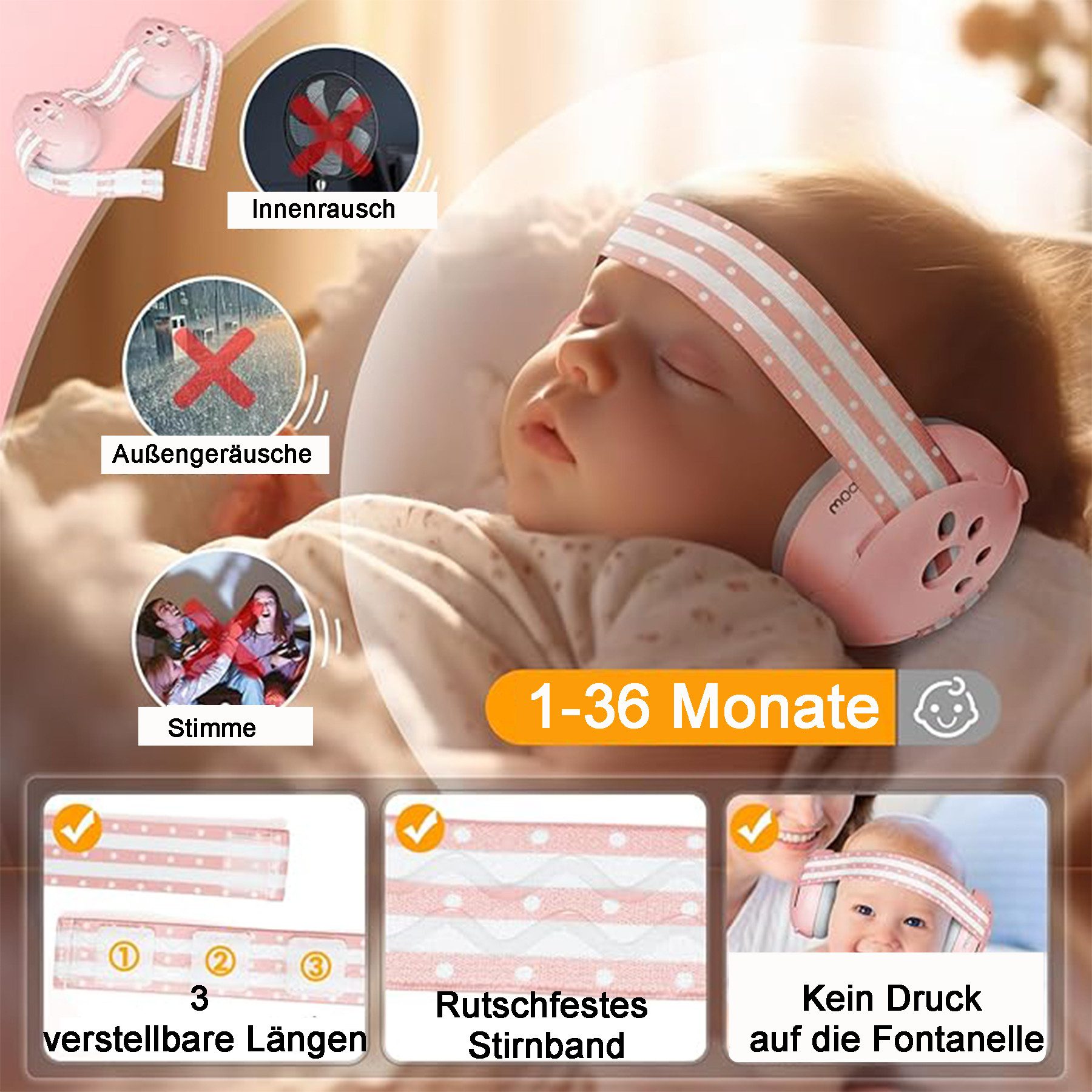 Mutig Kapselgehörschutz 2-in-1 Baby Gehörschutz, Verstellbarer Ohrenschützer, (mit Geräuschunterdrückung, Baby Kopfhörer Lärmschutz für Neugeborene & Kinder bis 60 Monate), Kapselgehörschützer mit Kopfband