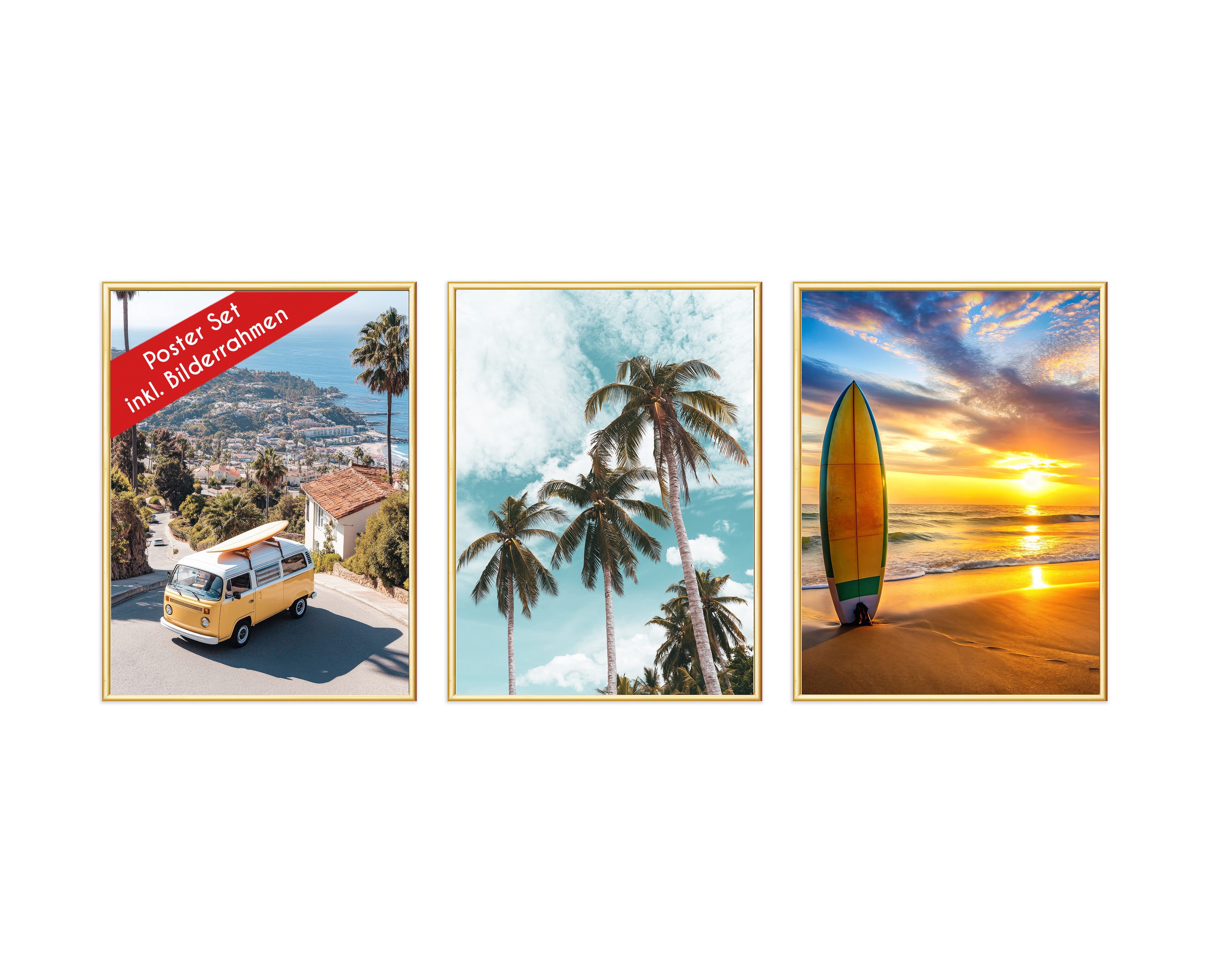 Wackadoo Living Poster Set inklusive Bilderrahmen, Palmen (3er Set), Bildformat 30 x 40 cm