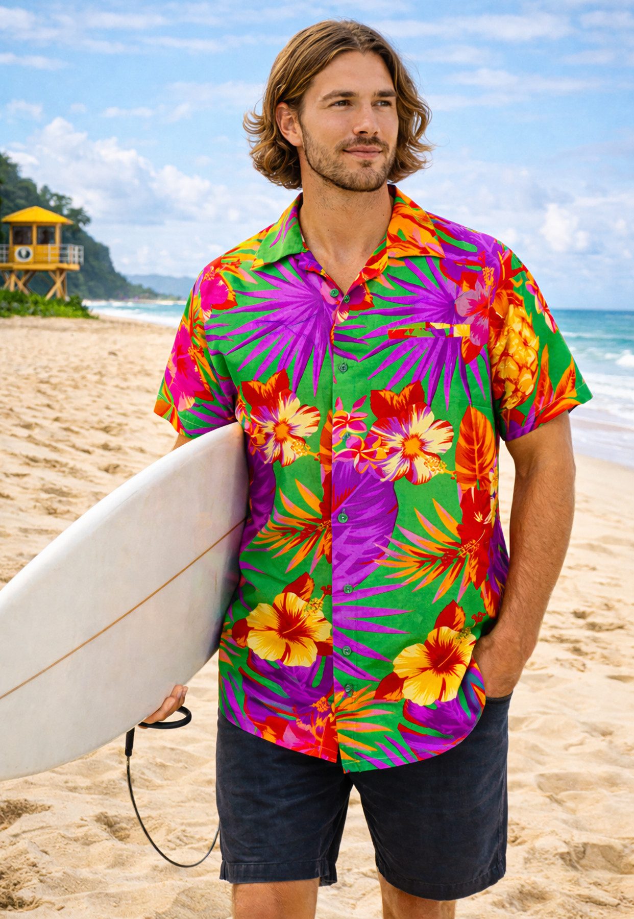 King Kameha Hawaiihemd "Pineapple" Funky Hawaii-Hemd Herren Kurzarm Front-Tasche Stylish