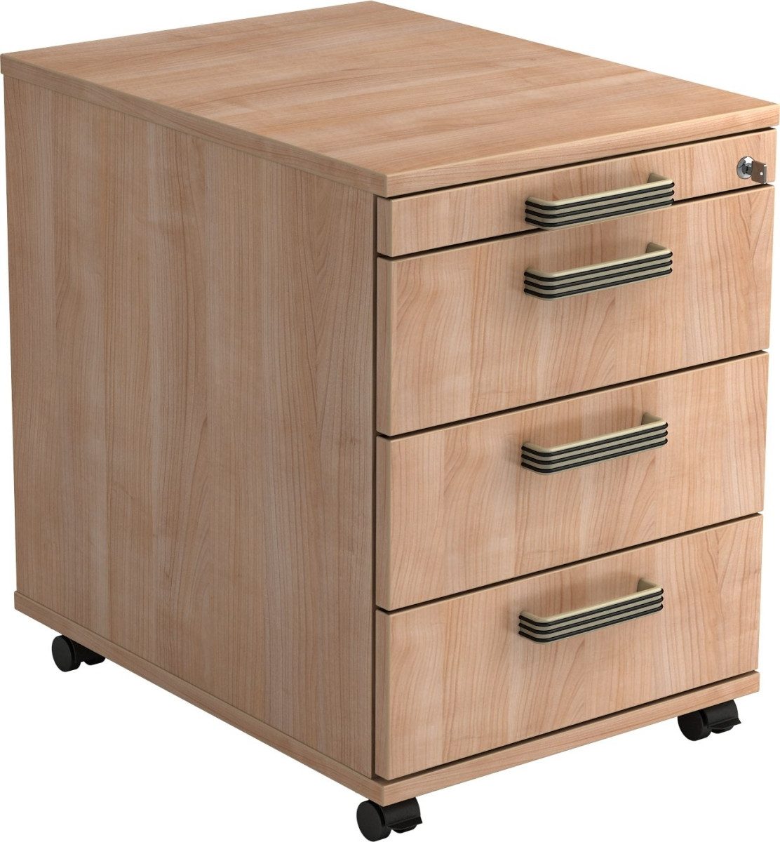 HAMMERBACHER Container Rollcontainer 58cm 3 Schübe Schloss Streifengriff Nussbaum