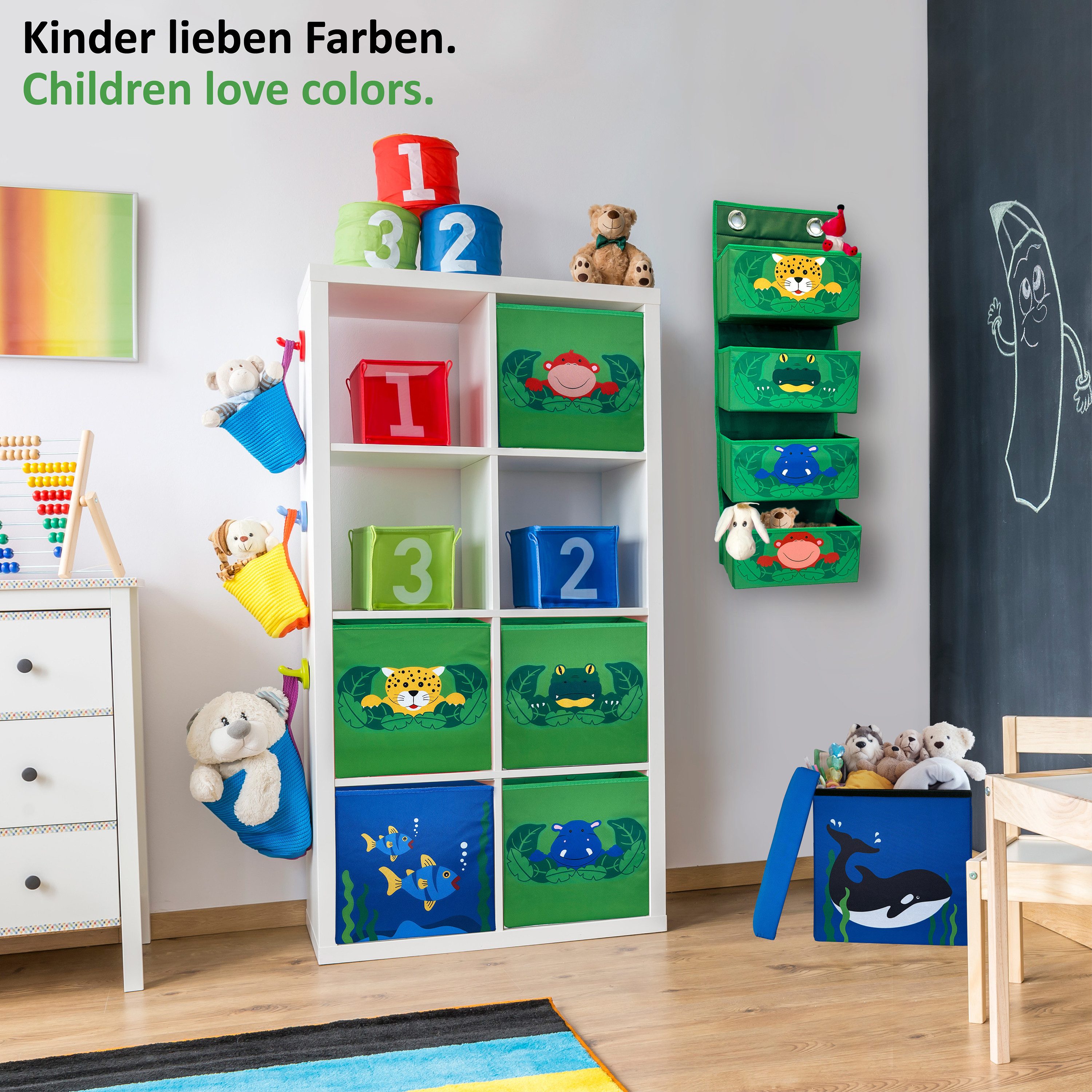 WIESEN.design Hängeaufbewahrung Hängeorganizer Kinder DSCHUNGEL mit passenden Türhaken (Wickelorganizer, Hängeregal Kinderzimmer, Kuscheltieraufbewahrung, Stoff – Bild 4 von 5