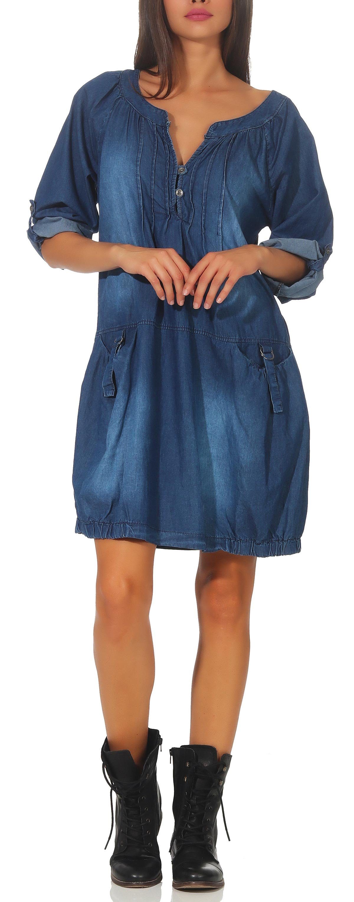 malito more than fashion Jeanskleid malito Damen Jeanskleid, Maxikleid mit Taschen, schickes Freizeitkle Sommerkleid Strandkleid Einheitsgröße