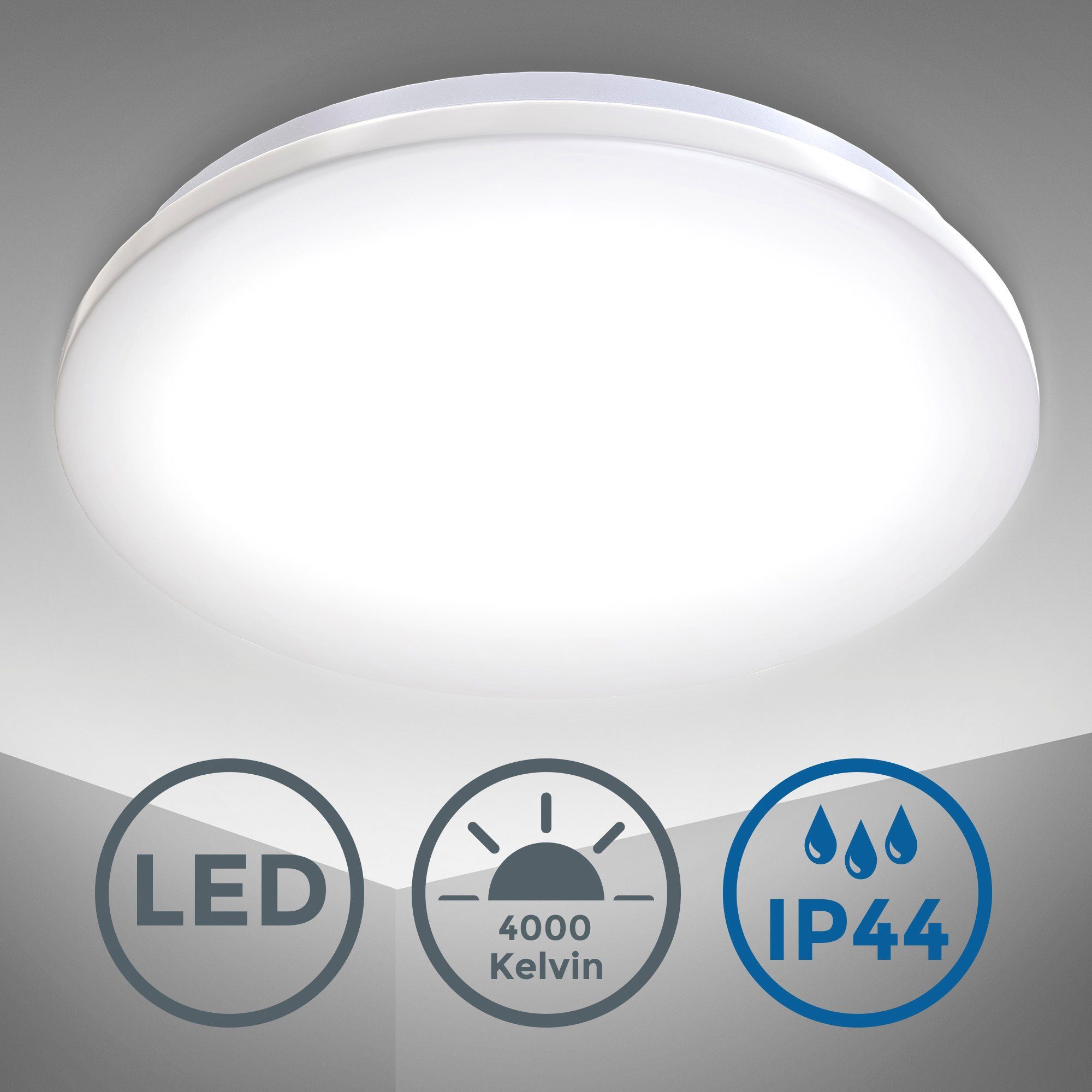 B.K.Licht LED Licht, Spritzwasserschutz, integriert, Neutralweiß, 1.200Lm, IP44, Neutralweißes Deckenleuchte fest LED 12W, Badlampe BK_DB1178 Bad-Deckenlampe, 4.000K, LED Ø29cm