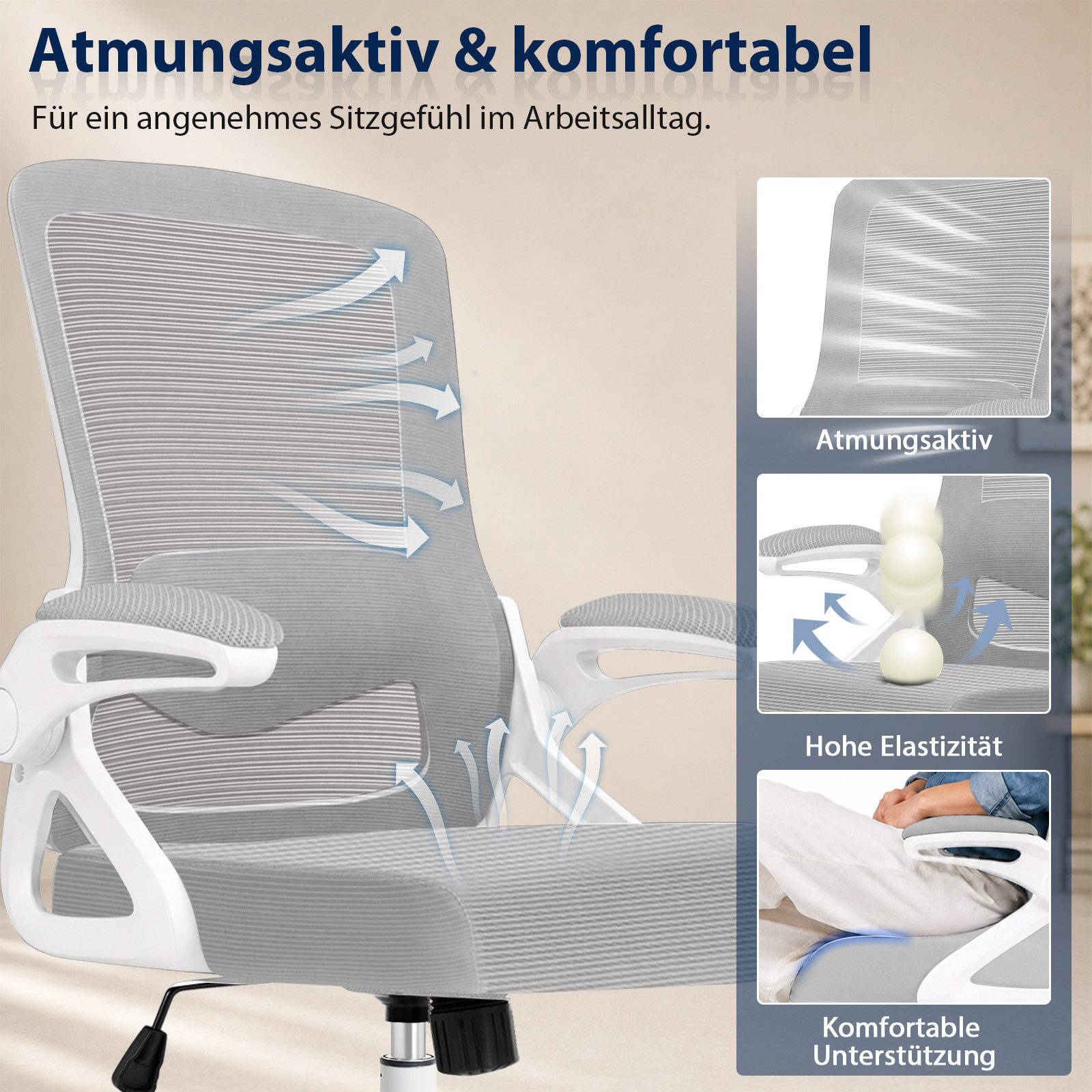 Hoolamyie Bürostuhl Schreibtischstuhl mit klappbaren Armlehnen & 2D-Lendenstütze (Atmungsaktiver Mesh-Rücken mit Lendenstütze, Wippfunktion, gepolsterten Klappa – Bild 5 von 5