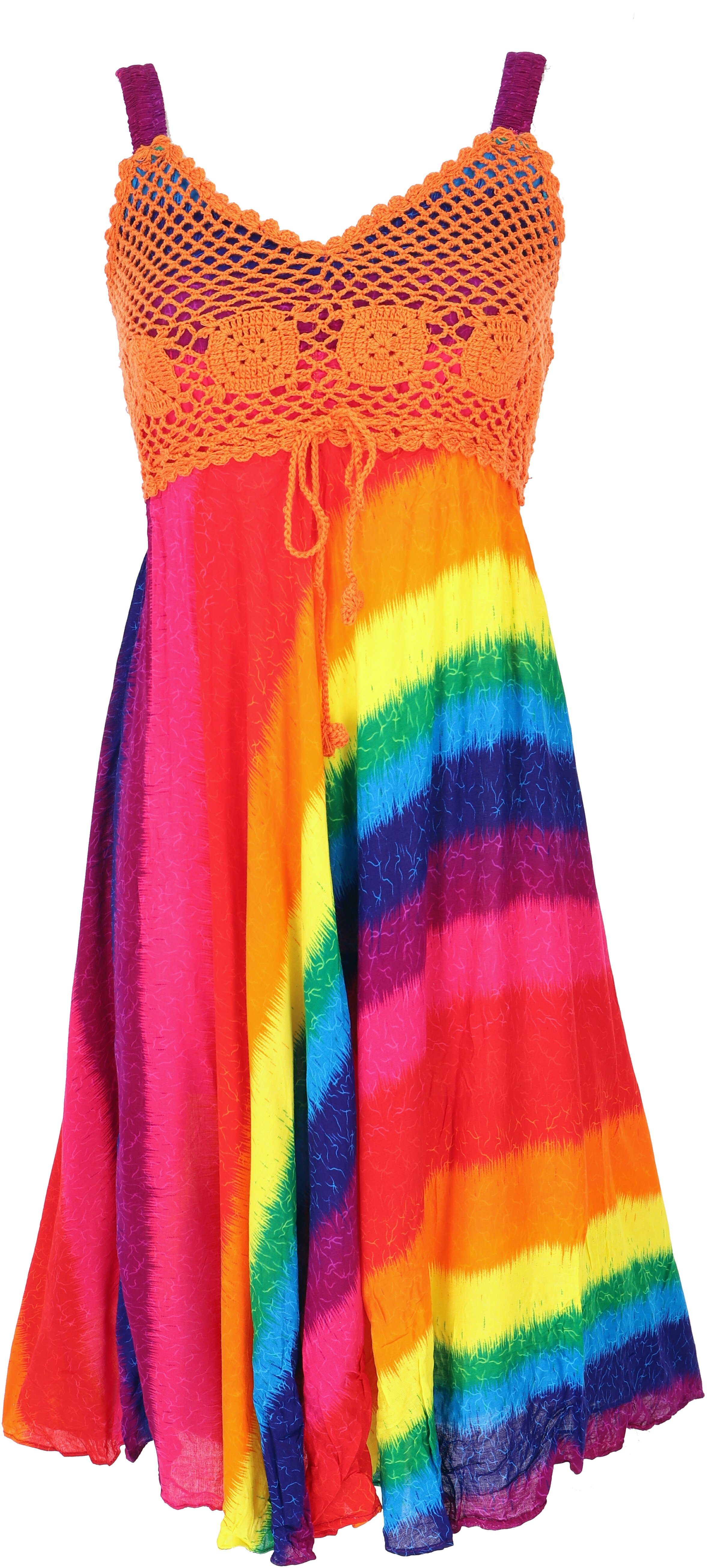 Guru-Shop Midikleid Boho Minikleid, Sommerkleid, alternative Krinkelkleid regenbogen/orange -.. Bekleidung
